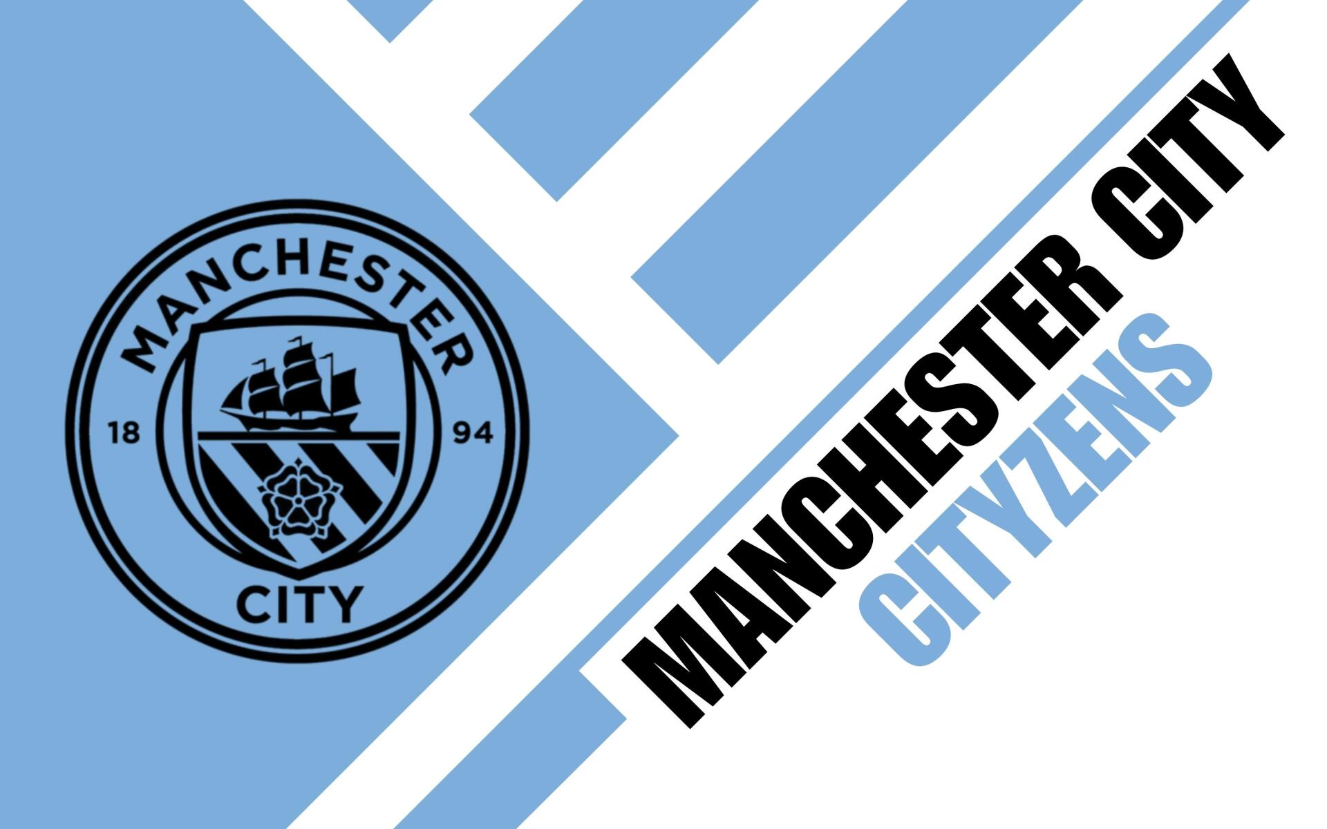 Manchester City F.C. circular logo on a blue-and-white diagonal 2K Quad HD PC desktop wallpaper, with bold MANCHESTER CITY and highlighted CITIZENS text.