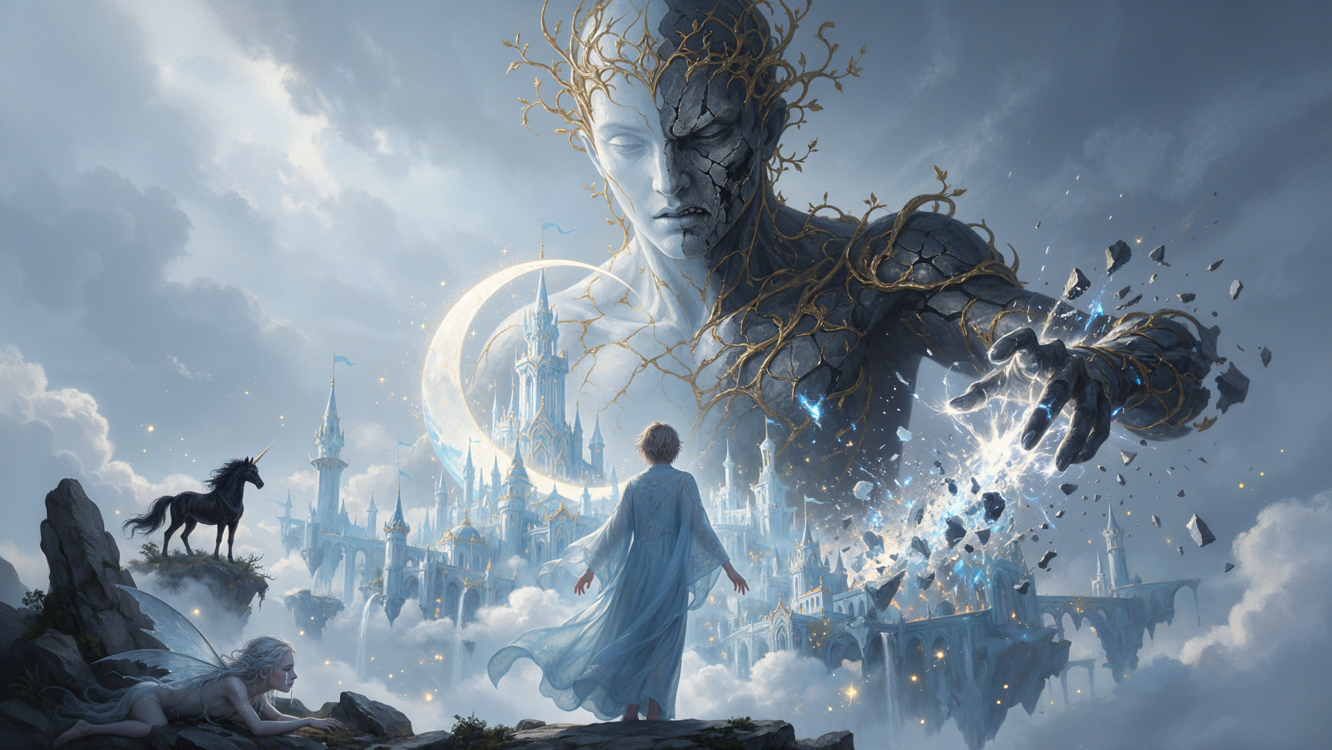 4K Ultra HD PC desktop wallpaper and background: a giant woman made of stone and vines looms over a misty fantasy city as a cloaked figure and horse stand on floating ruins.
