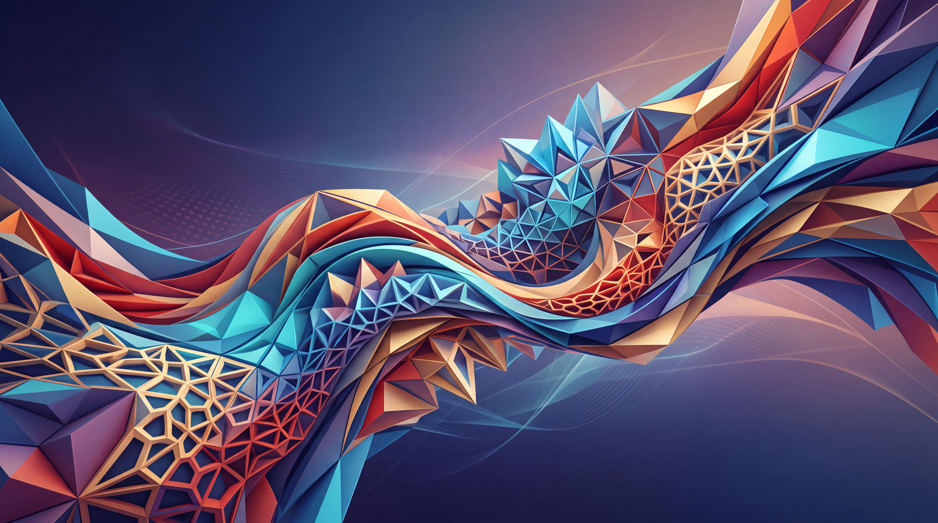 Abstract geometric polygon wave in vivid blues, oranges, and purples — 5K Ultra HD PC desktop wallpaper/background with faceted, flowing polygonal structures.