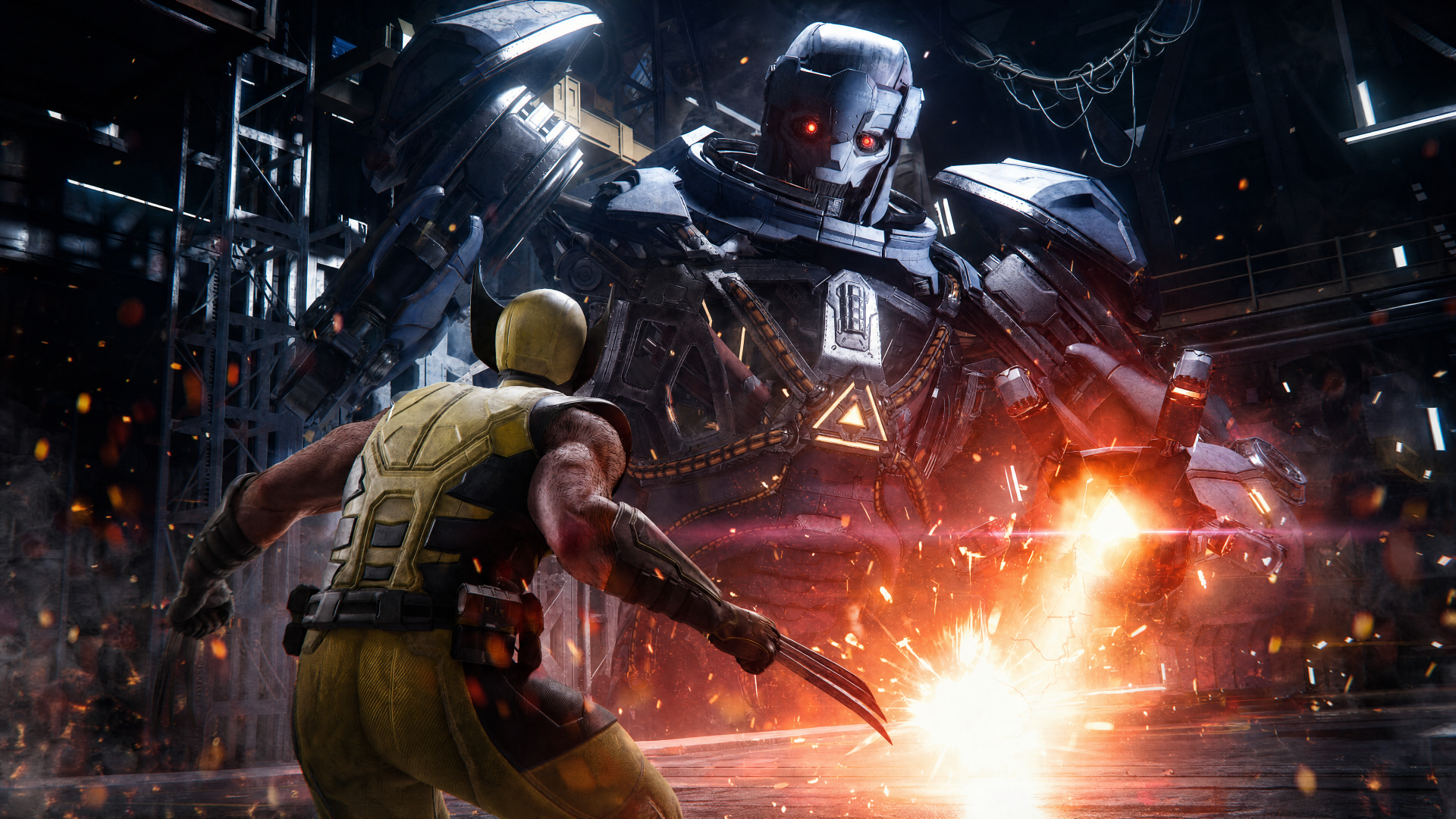 4K Ultra HD PC wallpaper: Marvel's Wolverine (Logan) from X‑Men lunges, claws out, confronting a towering armored Sentinel amid sparks and industrial wreckage.