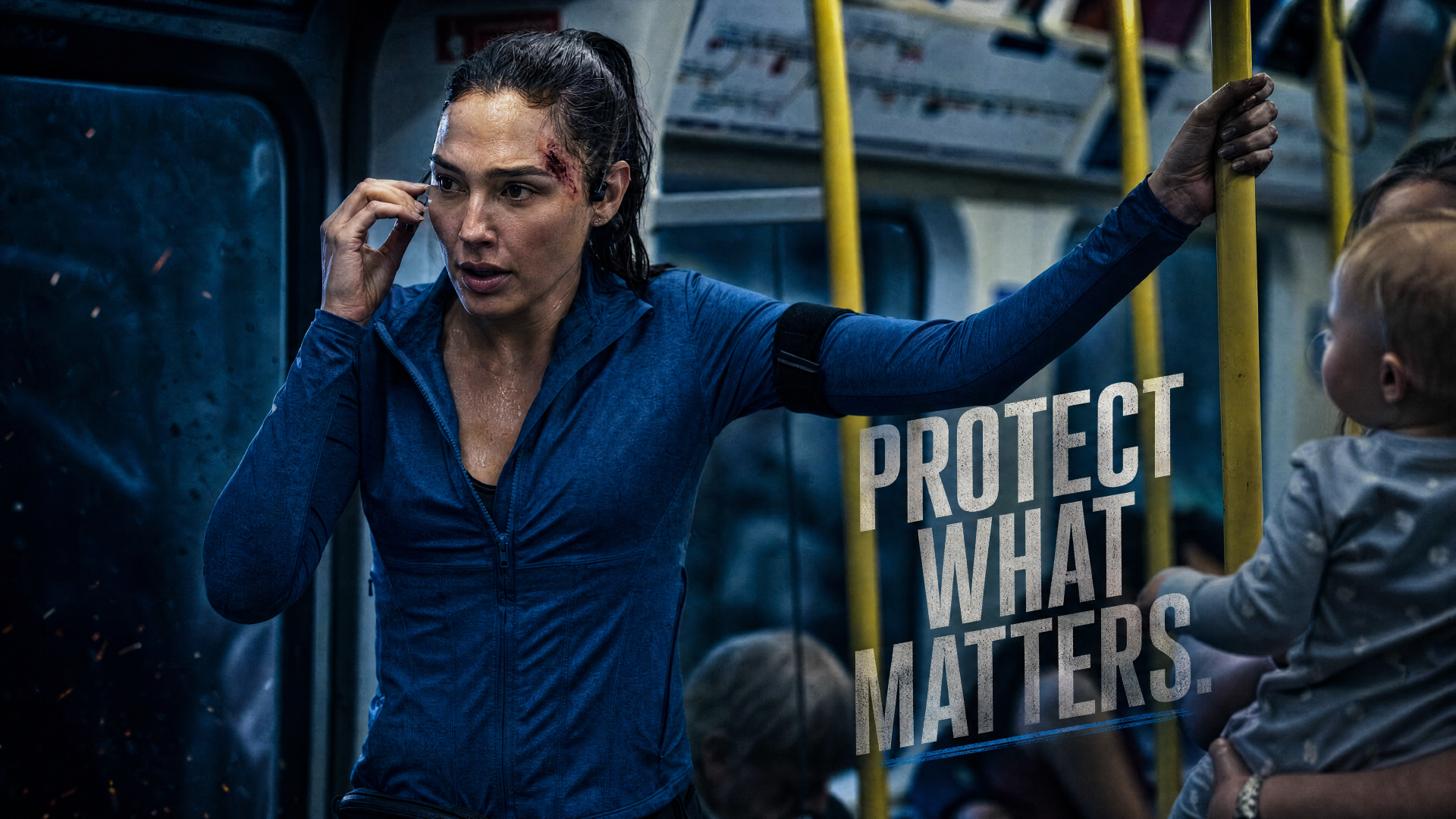 4K Ultra HD PC desktop wallpaper: intense subway scene of the female lead from The Runner, rain-splattered and gripping a pole, overlaid with the tagline Protect What Matters.