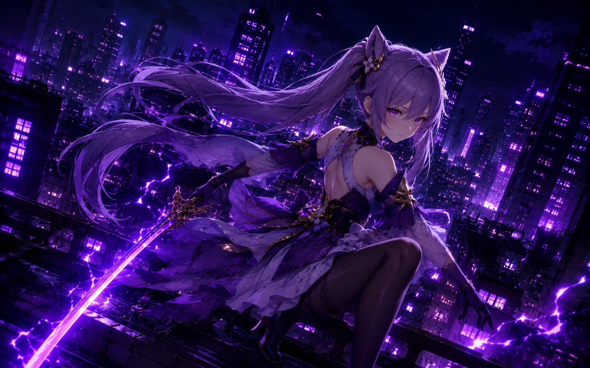 Keqing (Genshin Impact) crouches on a neon-purple rooftop, wielding a glowing sword amid a futuristic city — anime 4K Ultra HD PC desktop wallpaper/background.