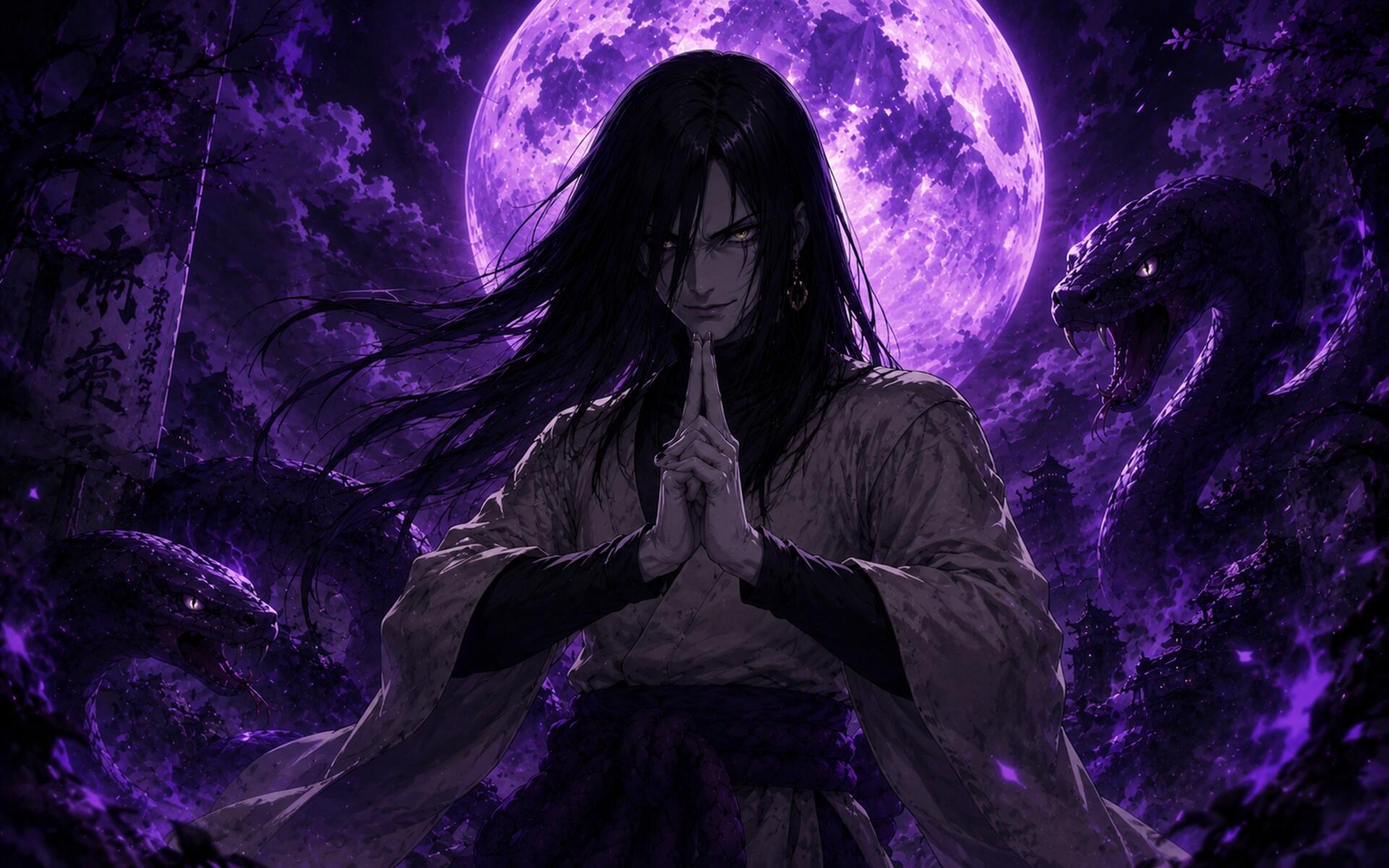 Orochimaru (Naruto) anime 4K Ultra HD PC desktop wallpaper: ominous purple full moon, coiling snakes, Orochimaru with flowing hair and hands clasped.