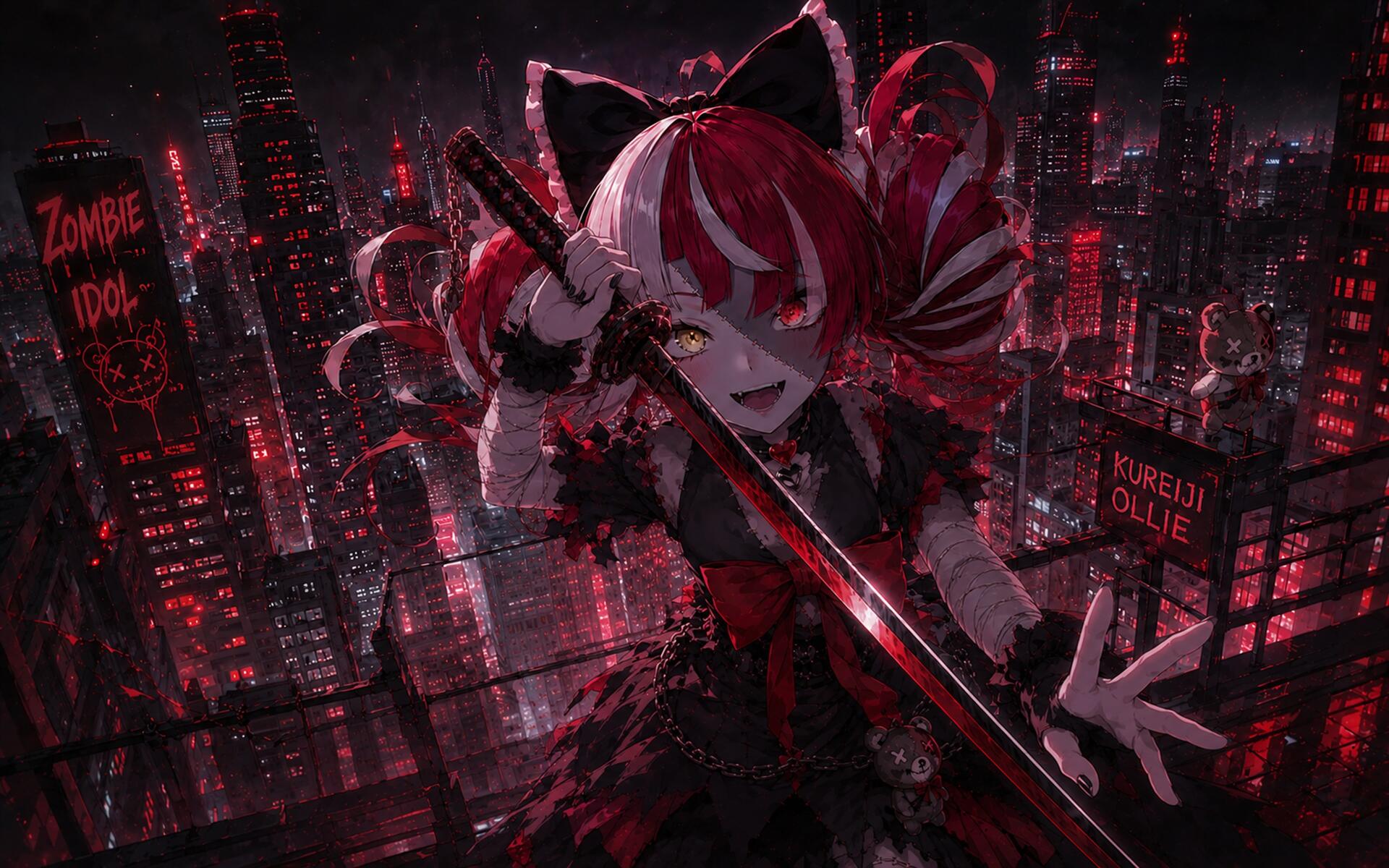 4K Ultra HD PC desktop wallpaper of Kureiji Ollie, Virtual YouTuber — a grinning zombie idol in red-black attire wielding a katana against a neon-lit dystopian city skyline.