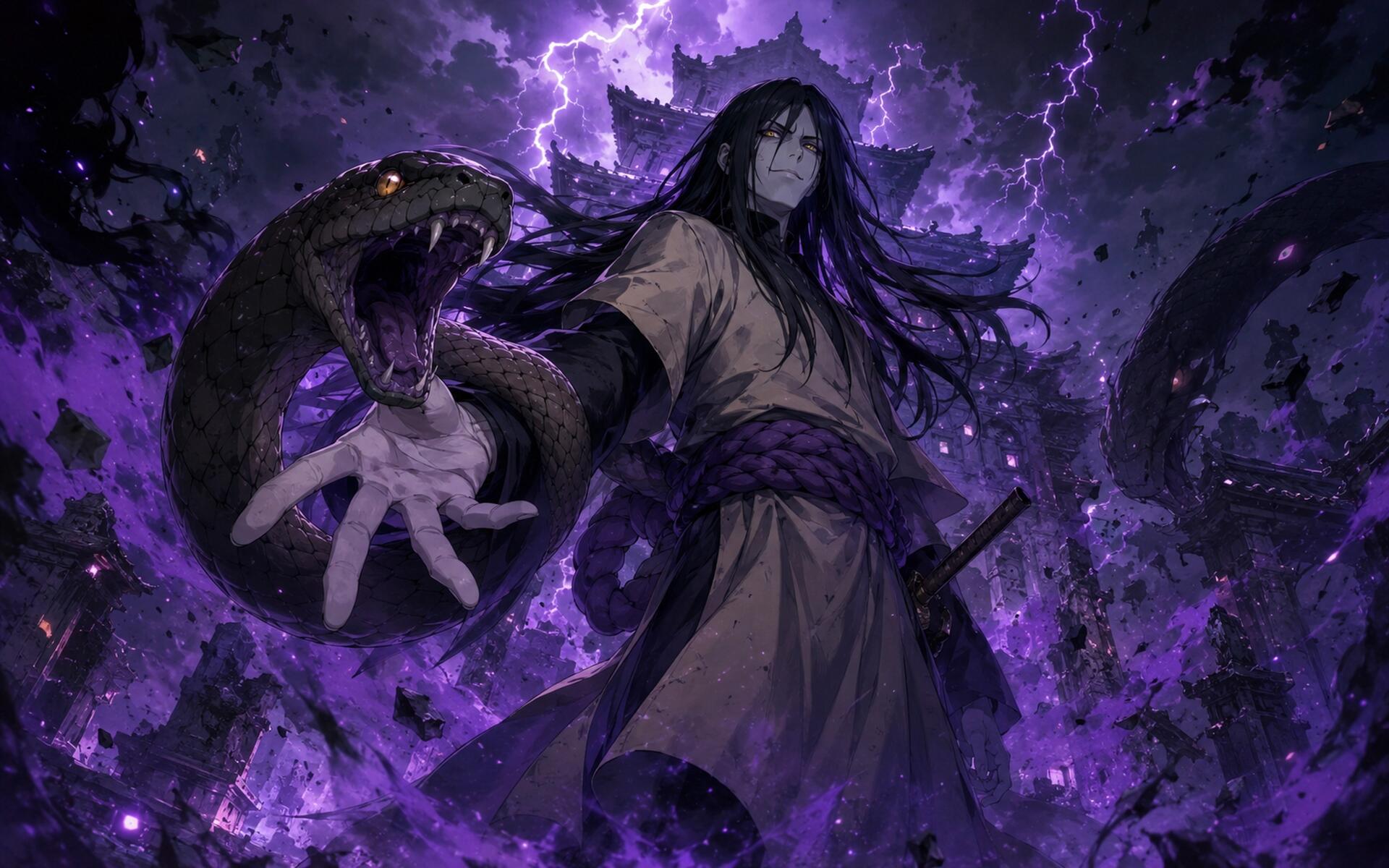 Orochimaru (Naruto) anime 4K Ultra HD PC wallpaper: dark, menacing figure with long hair and coiling snake amid purple lightning and swirling shadows.