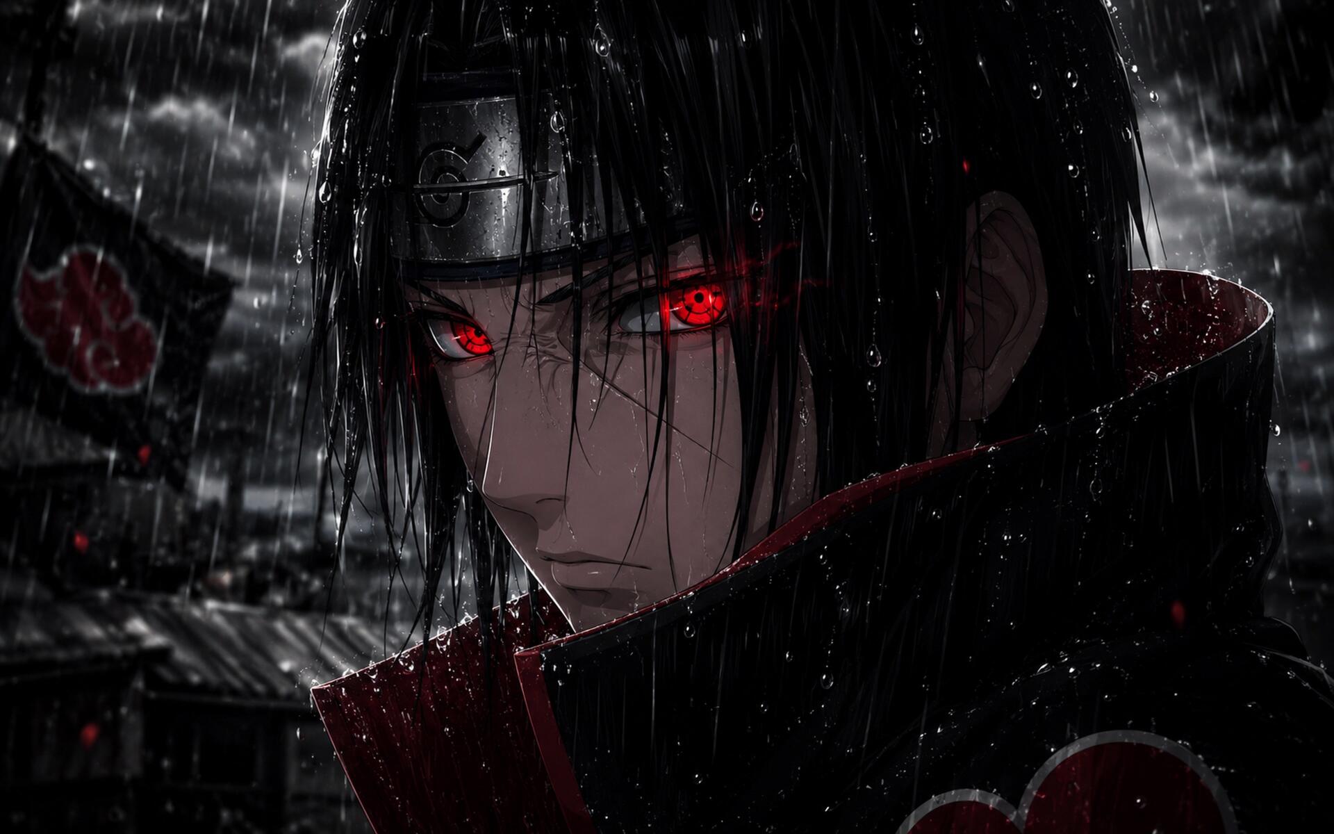 Itachi Uchiha (Naruto) standing in rain with glowing Sharingan, Akatsuki cloak — dramatic 4K Ultra HD PC desktop wallpaper and background.