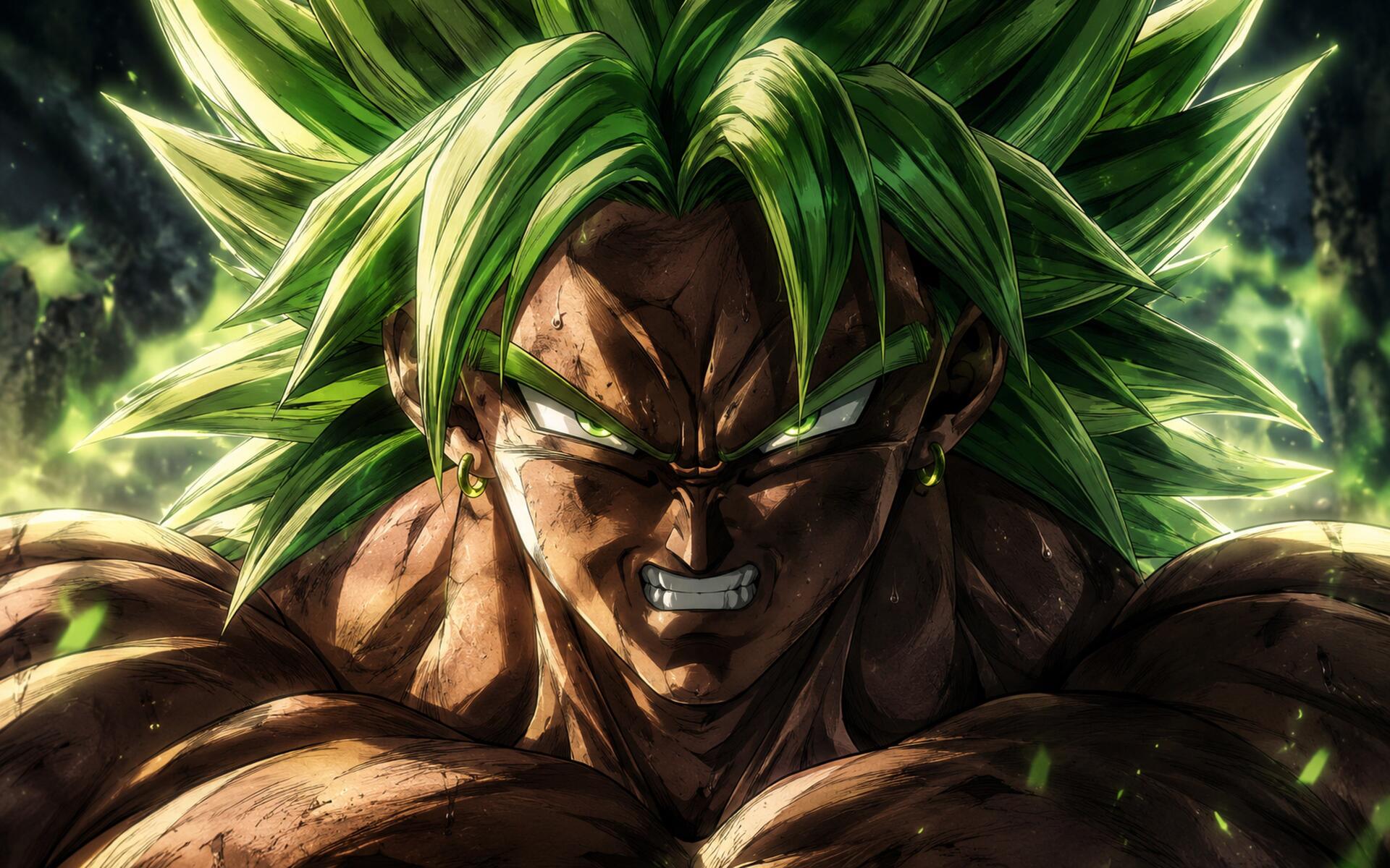 Broly (Dragon Ball) snarling with glowing green hair and energy aura, muscular torso in an intense anime close-up — 4K Ultra HD PC desktop wallpaper/background.