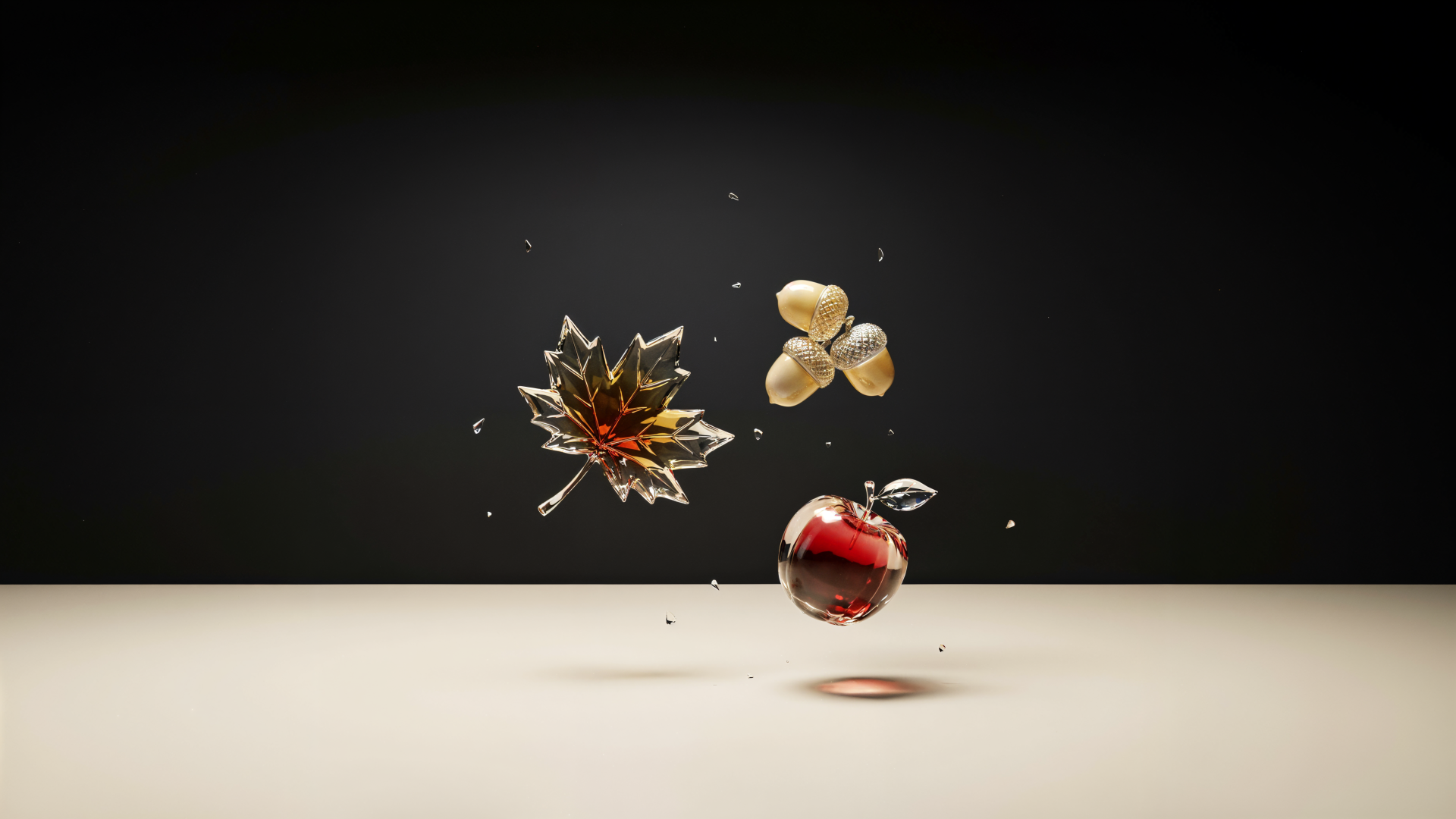 4K Ultra HD PC desktop wallpaper: aesthetic fall scene of a red apple, golden seeds and glass-like shards suspended above a neutral surface against a dark backdrop.