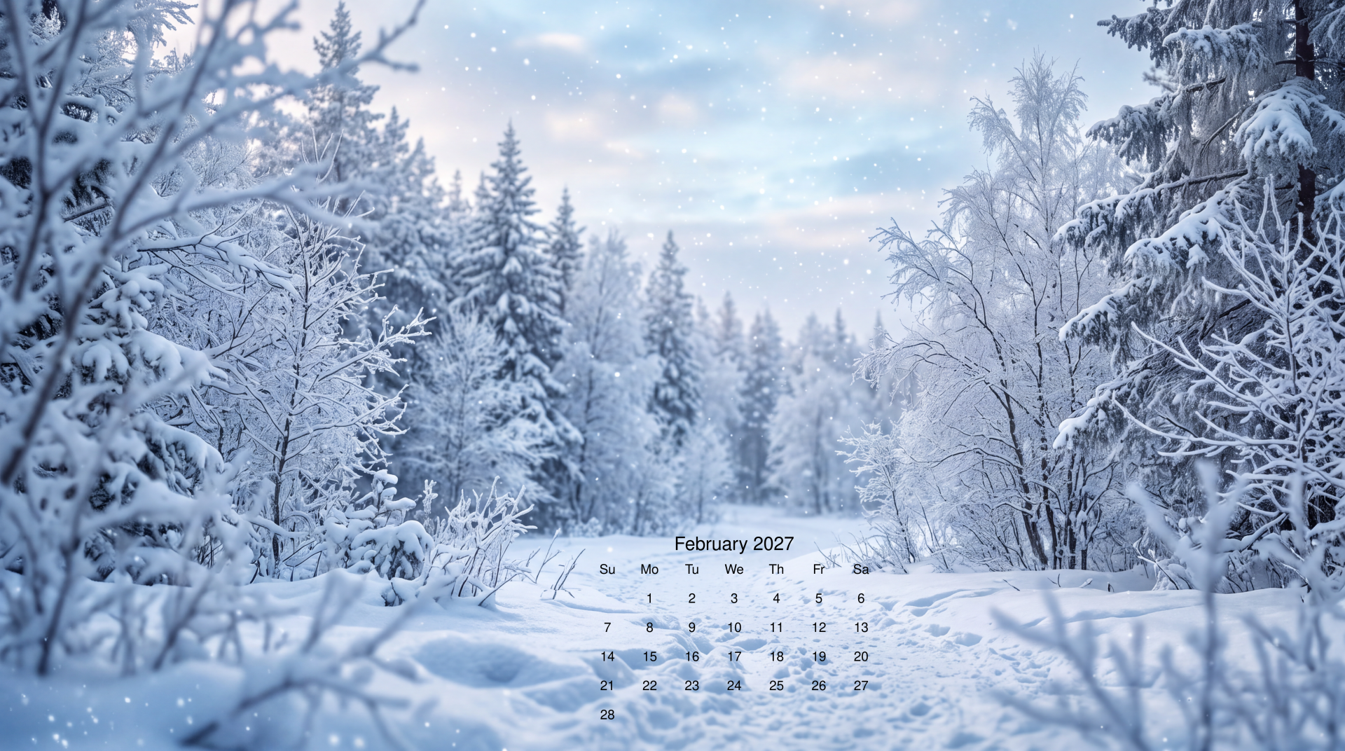 February 2027 calendar over a 5K Ultra HD PC desktop wallpaper: a winter, snow-covered forest landscape.