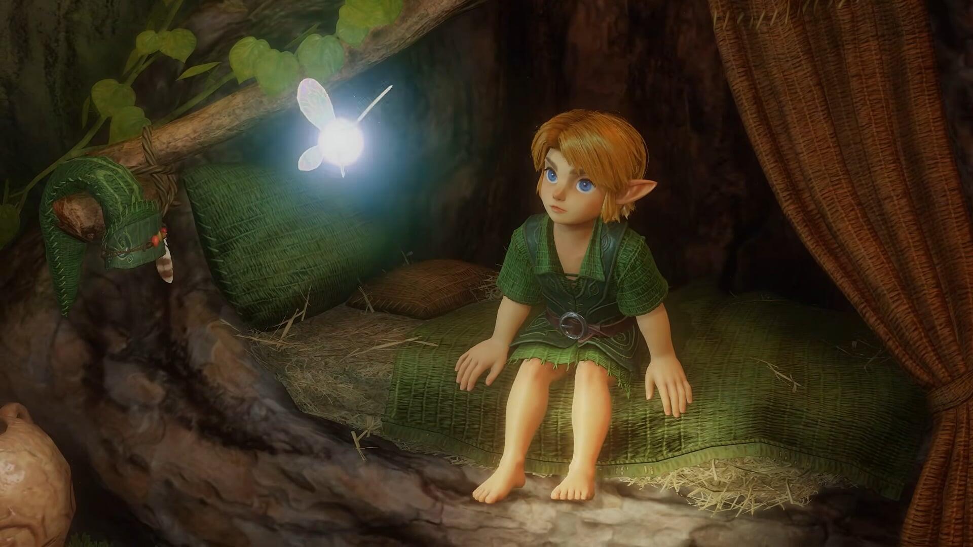 HD PC wallpaper: Link (The Legend of Zelda: Ocarina of Time) portrayed as an elf-like girl, seated barefoot in a tree hollow, gazing at a glowing fairy.