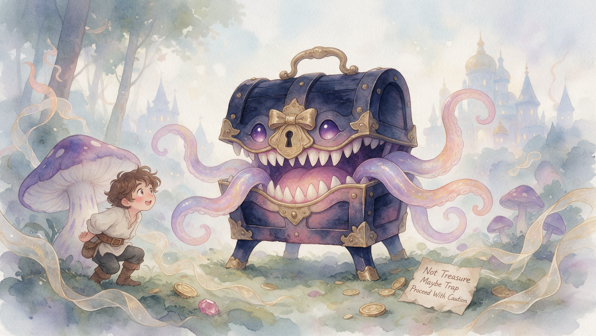 2K Quad HD fantasy wallpaper: a grinning treasure-chest mimic with writhing tentacles and glowing eyes lunges from mist toward a startled child in an enchanted forest.