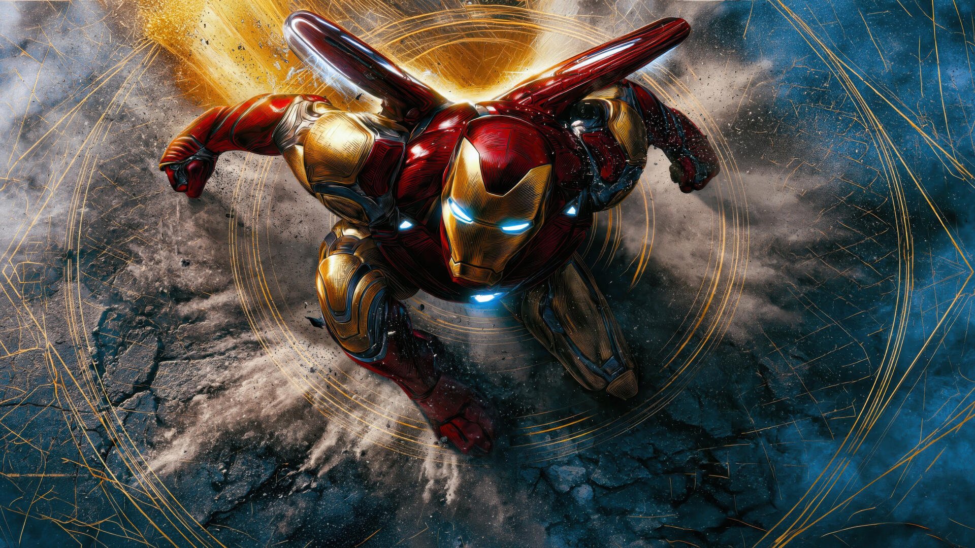 Iron Man in a dynamic overhead flight pose with glowing arc reactor and repulsors, bursting from debris and energy rings — digital art 4K Ultra HD PC desktop wallpaper/background.