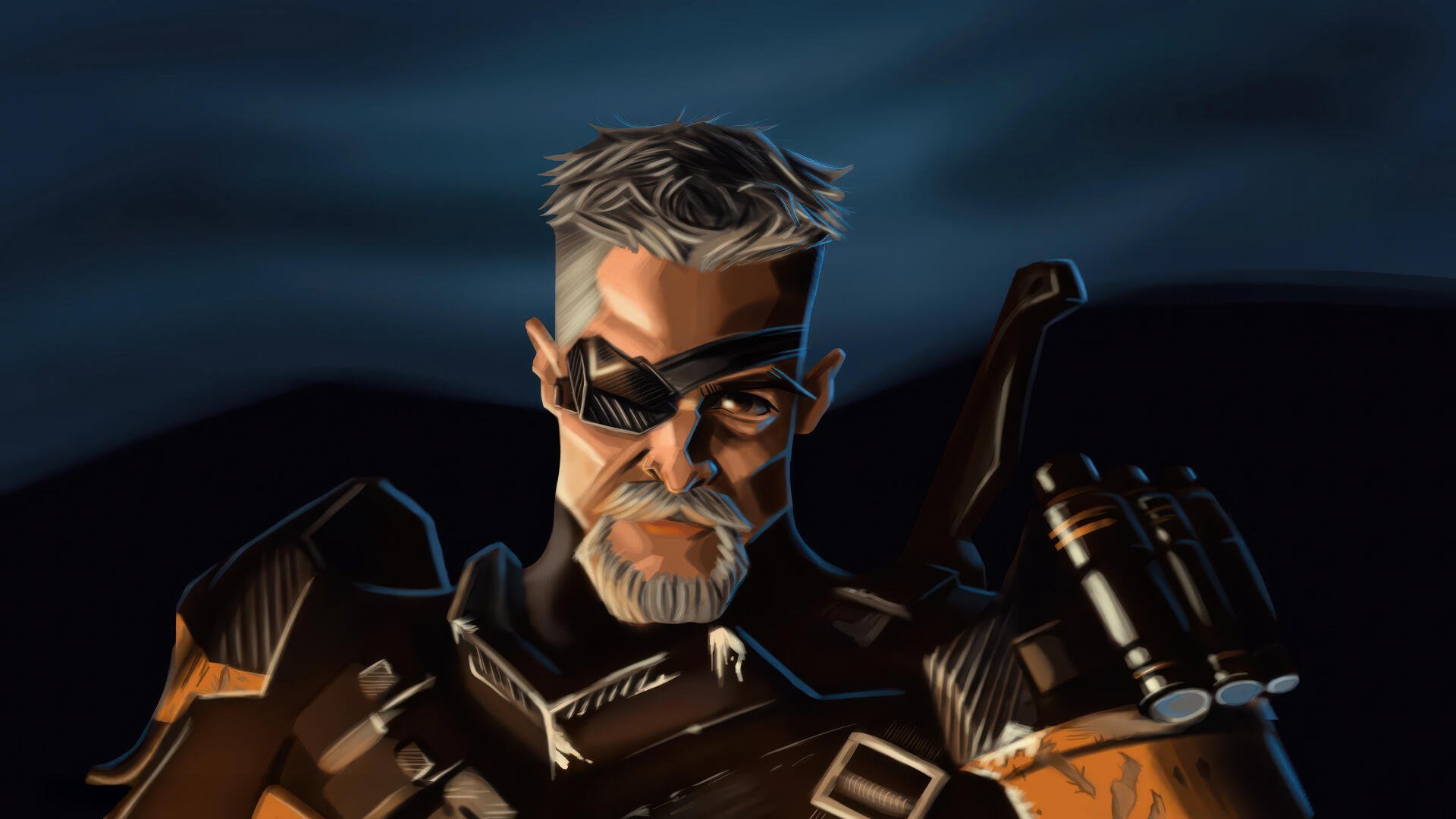 4K Ultra HD digital art PC wallpaper of Deathstroke: close-up of the masked, silver-haired mercenary with eyepatch and tactical armor against a moody night sky.