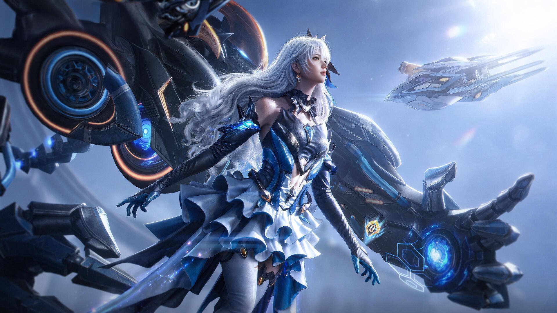 Futuristic female warrior in white-blue armor with flowing hair standing before a giant mech and hovering craft — Call of Duty video game 4K Ultra HD PC desktop wallpaper/background.