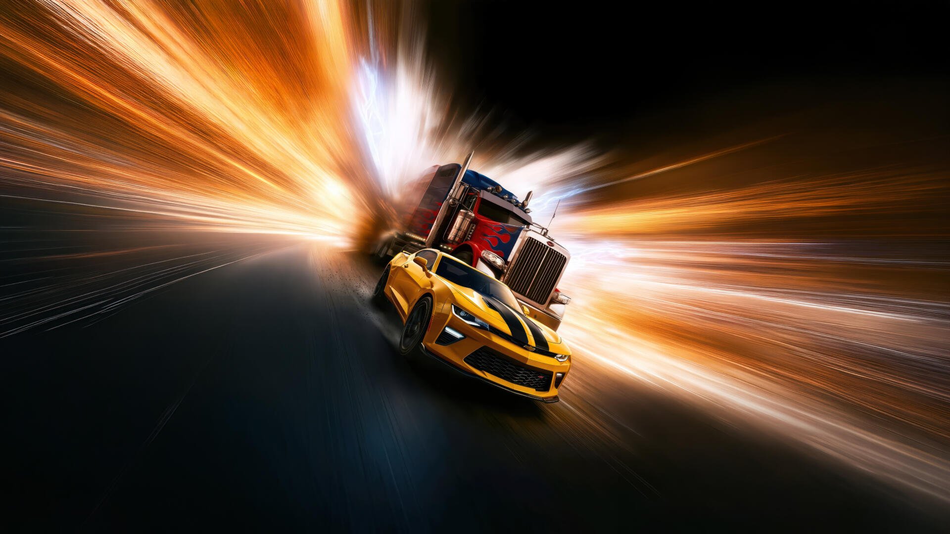 5K Ultra HD PC desktop wallpaper/background of Optimus Prime and Bumblebee speeding forward through dramatic fiery light streaks.