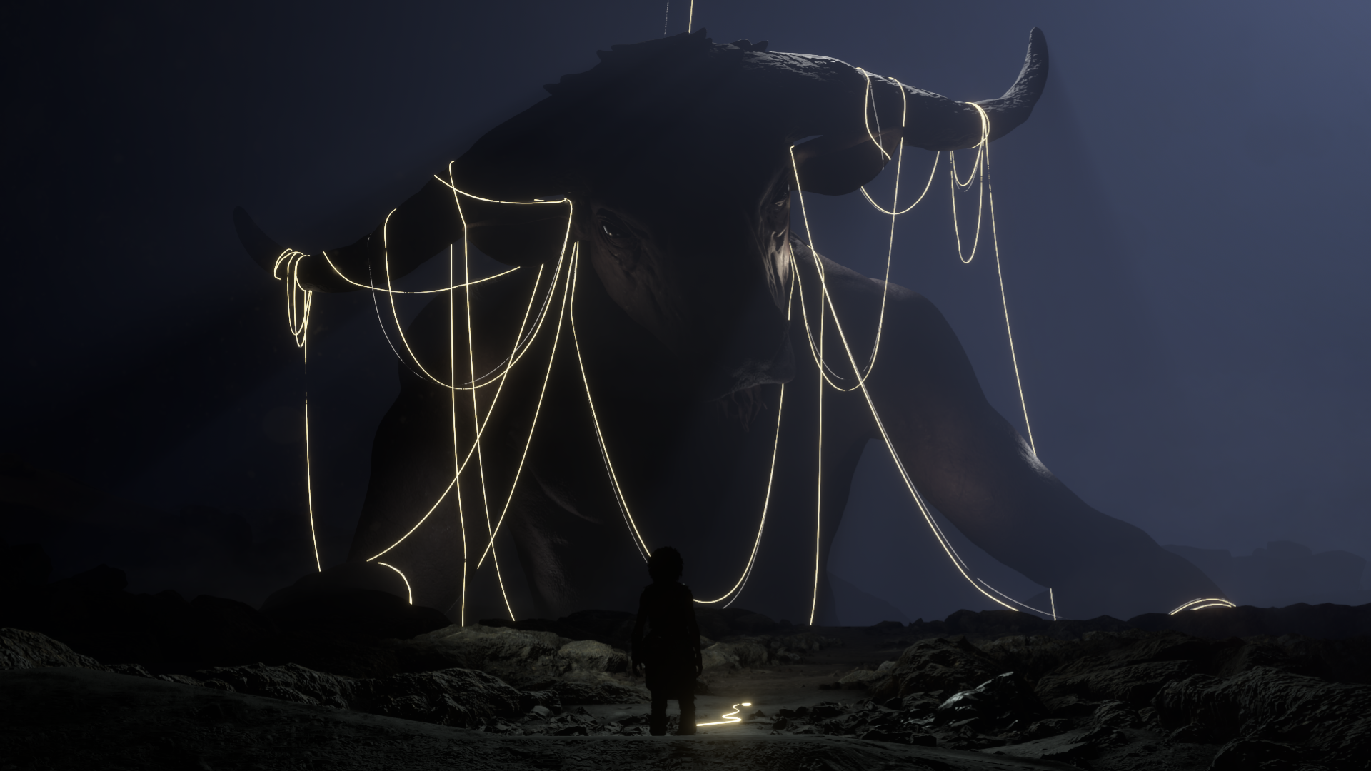 Resonance: A Plague Tale Legacy HD PC desktop wallpaper and background — lone figure faces a colossal horned beast wrapped in glowing ropes in a dark landscape.