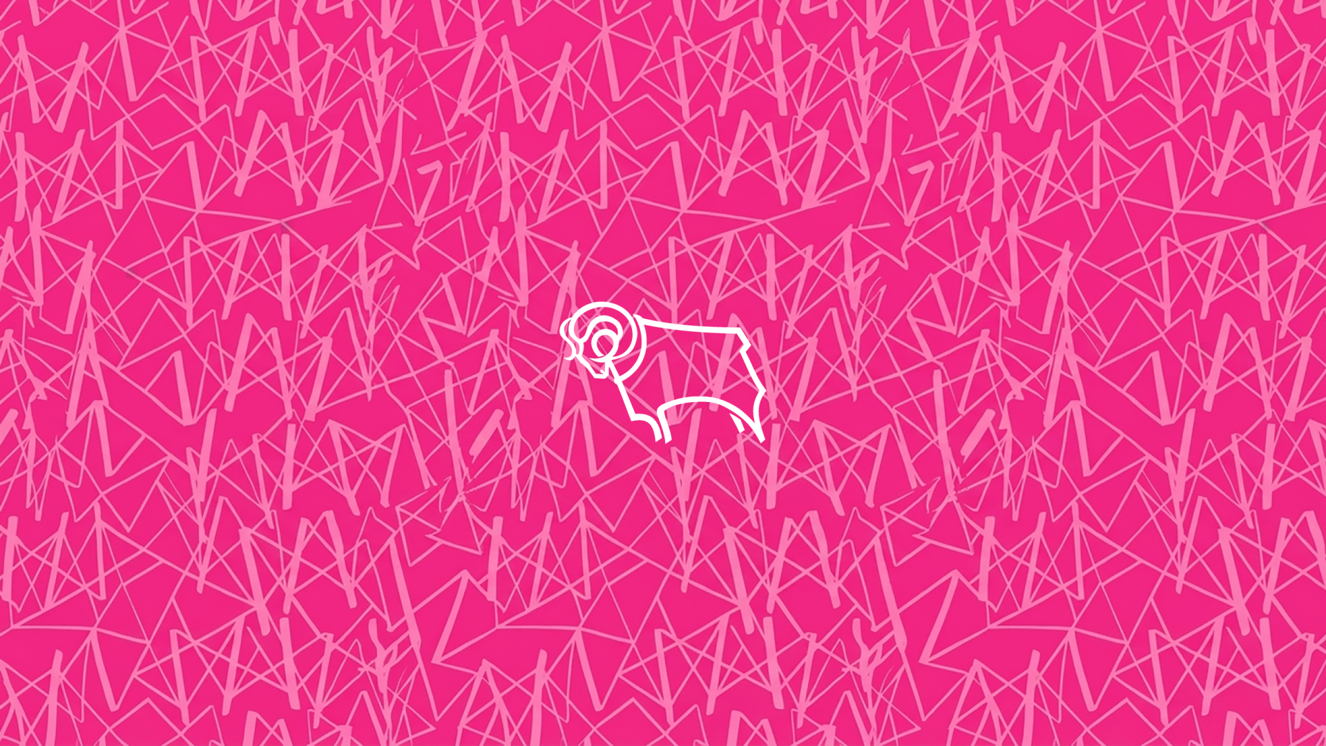 Derby County F.C. white ram logo centered on a bright pink geometric patterned background — 2K Quad HD PC desktop wallpaper and background.