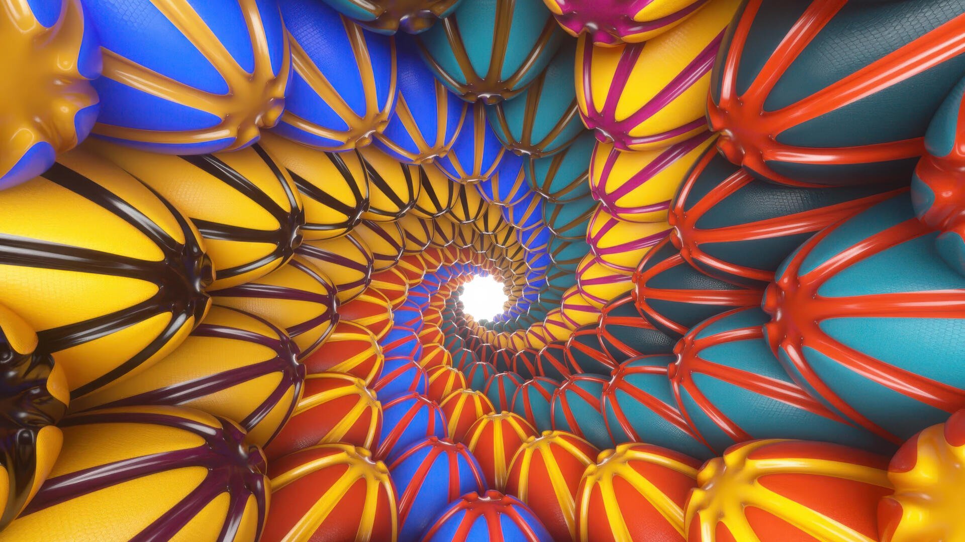 Abstract rainbow spiral tunnel of interlocking colorful segments, vibrant 4K Ultra HD PC desktop wallpaper/background.