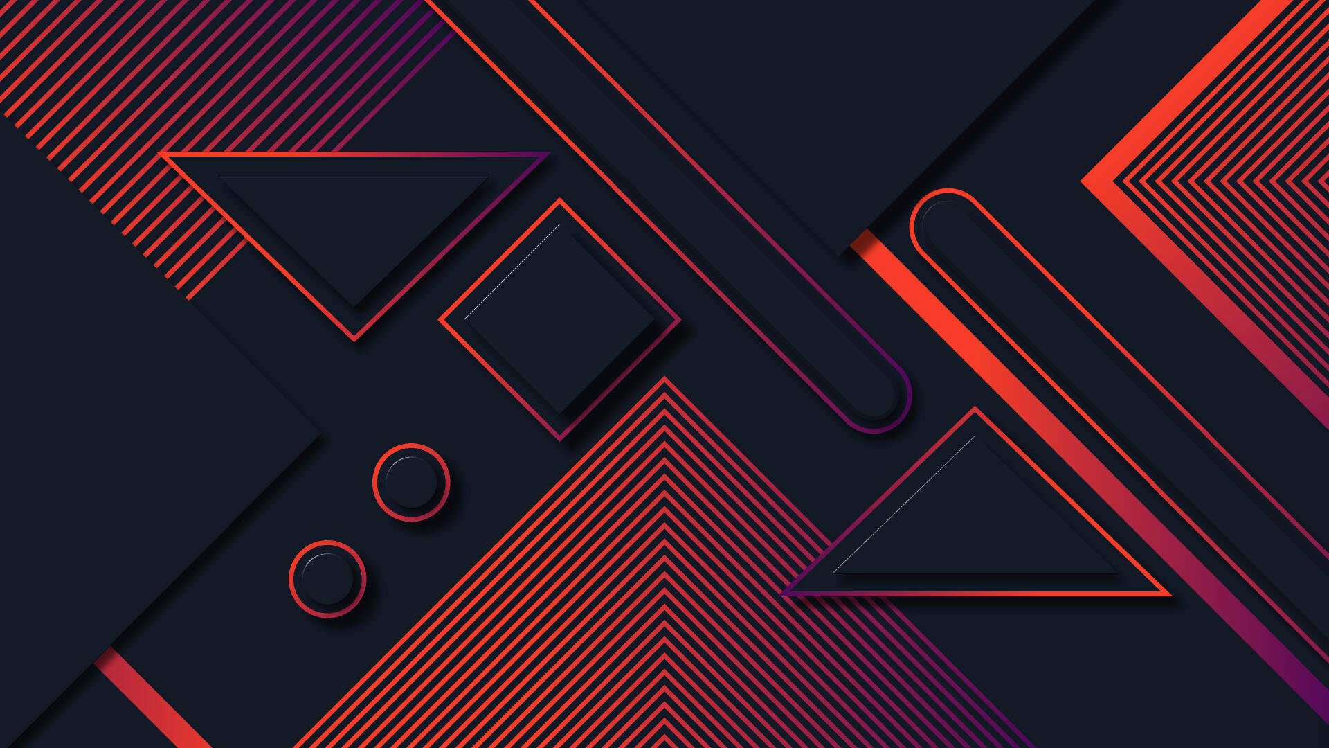 Dark geometric digital art abstract composition of layered triangles, squares and lines in red and purple accents — 4K Ultra HD PC desktop wallpaper and background.