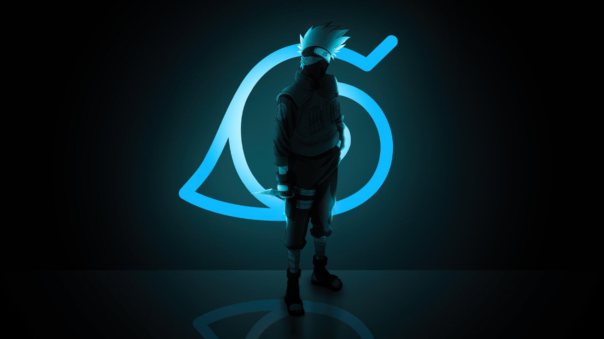 Kakashi Hatake silhouette facing a glowing blue Konoha (Leaf Village) symbol on a dark backdrop — 4K Ultra HD Naruto PC desktop wallpaper