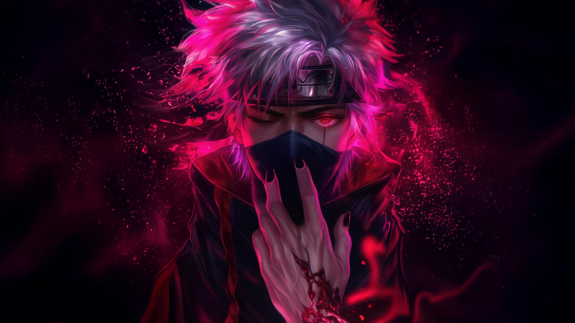 Kakashi Hatake (Naruto) in a dramatic pink-red aura, masked and raising a hand, stylized 5K Ultra HD PC desktop wallpaper background.