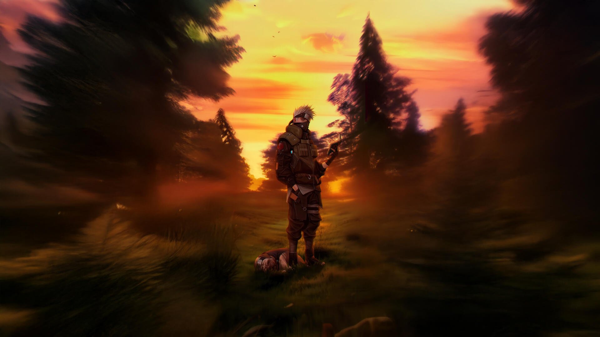 5K Ultra HD PC desktop wallpaper of Kakashi Hatake (Naruto) standing in a sunlit forest clearing at sunset, with motion-blur edges and a fallen figure at his feet.