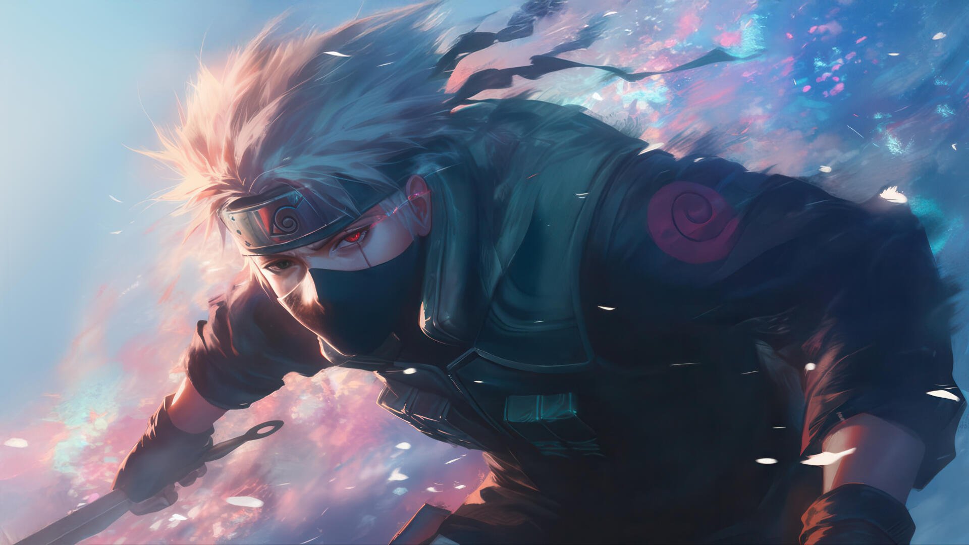 Kakashi Hatake from Naruto in a 4K Ultra HD PC wallpaper and background — masked ninja leaps through swirling cherry-blossom petals against a vivid, stormy sky.