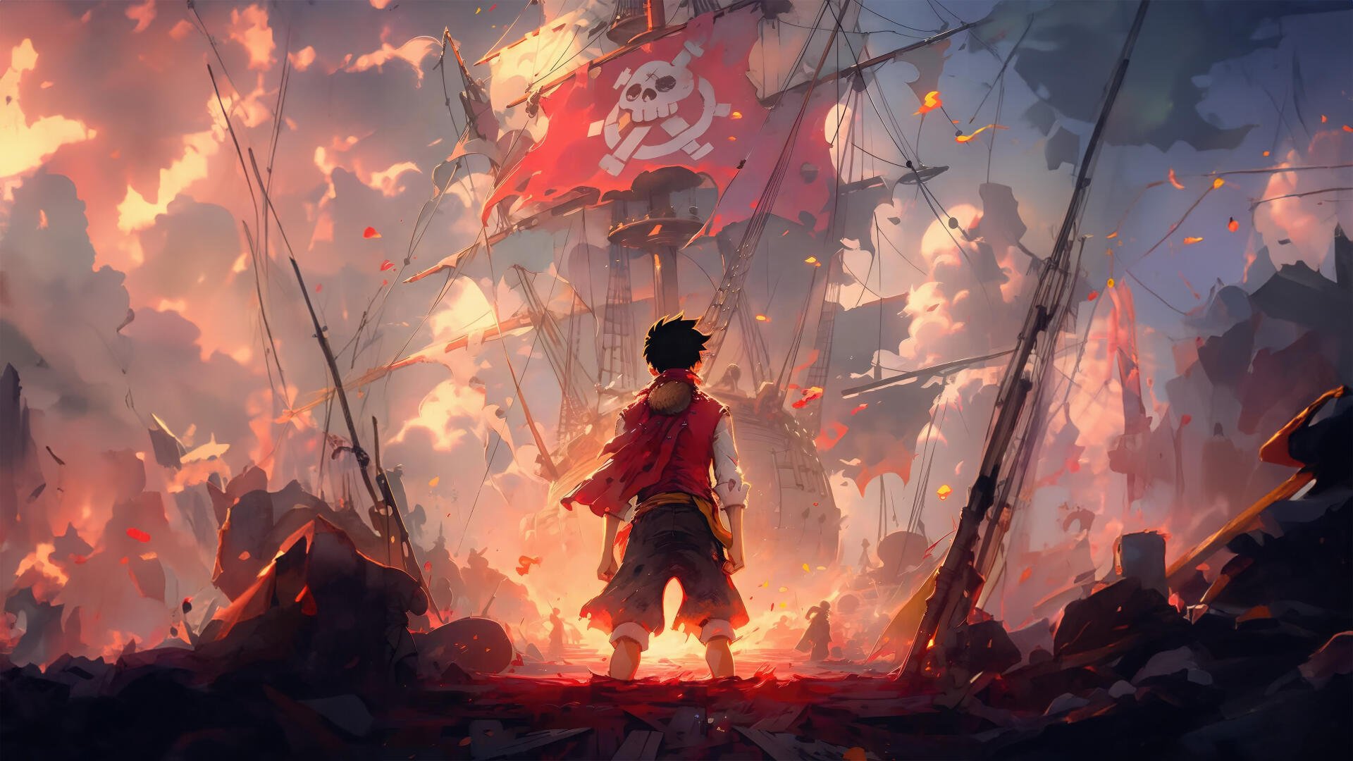 Monkey D. Luffy (One Piece) stands on a scorched deck facing a Jolly Roger-topped pirate ship beneath a fiery sky — 5K Ultra HD PC desktop wallpaper/background.