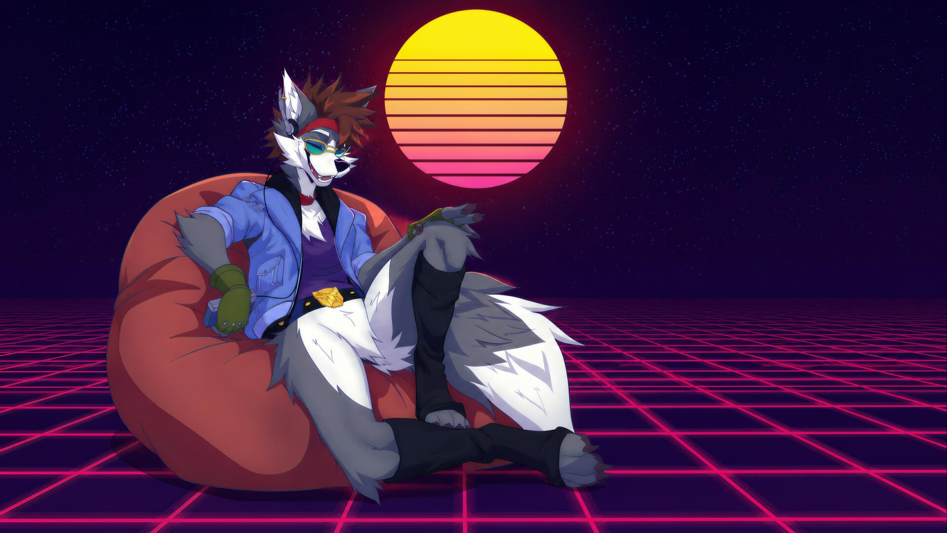 Neon digital art of a furry wolf reclining on a beanbag before a glowing sun and retro grid — 4K Ultra HD PC desktop wallpaper/background.