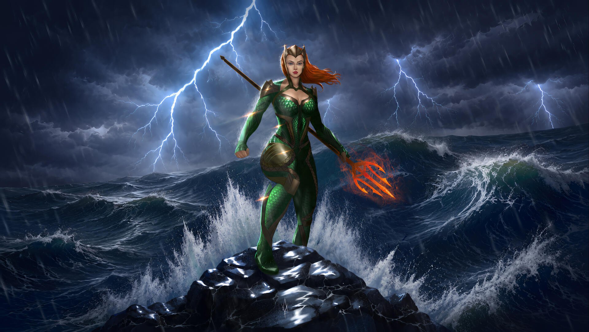 4K Ultra HD digital art PC desktop wallpaper: Mera (DC Comics) stands on a storm-swept rock, trident glowing, lightning cracking as towering waves crash around her.