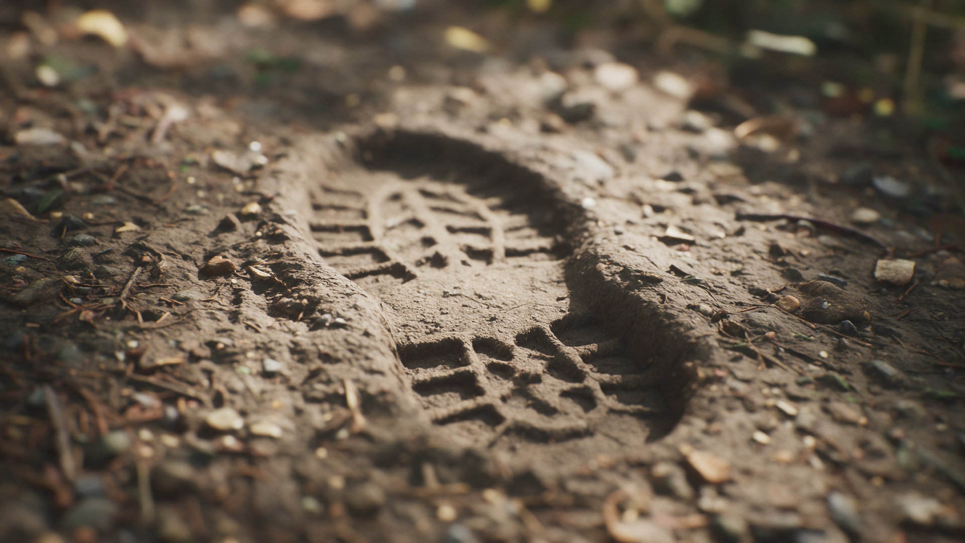 Close-up of a boot print in dirt showing bootprint and footprint texture — 2K Quad HD PC desktop wallpaper and background.