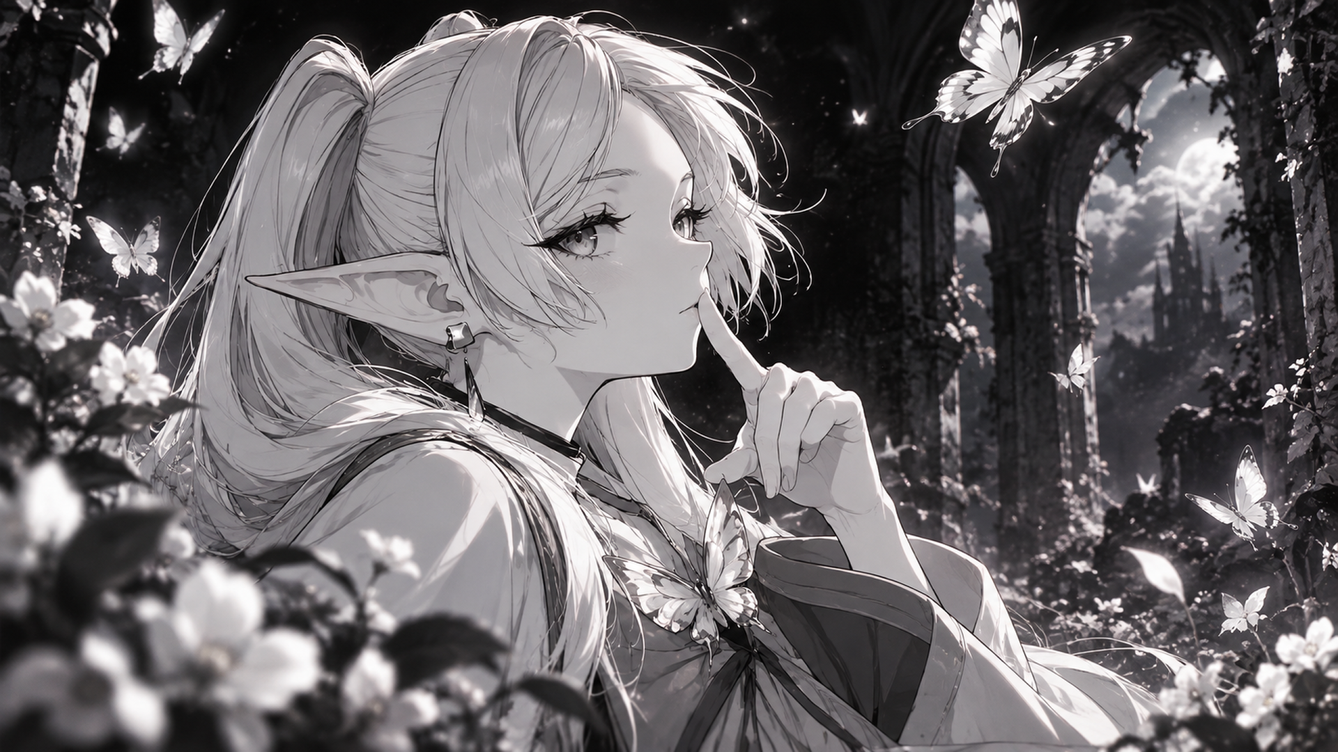 Monochrome 2K Quad HD PC desktop wallpaper of Frieren from Frieren: Beyond Journey's End — an elf-like mage in a sunlit forest, posed thoughtfully among fluttering butterflies.