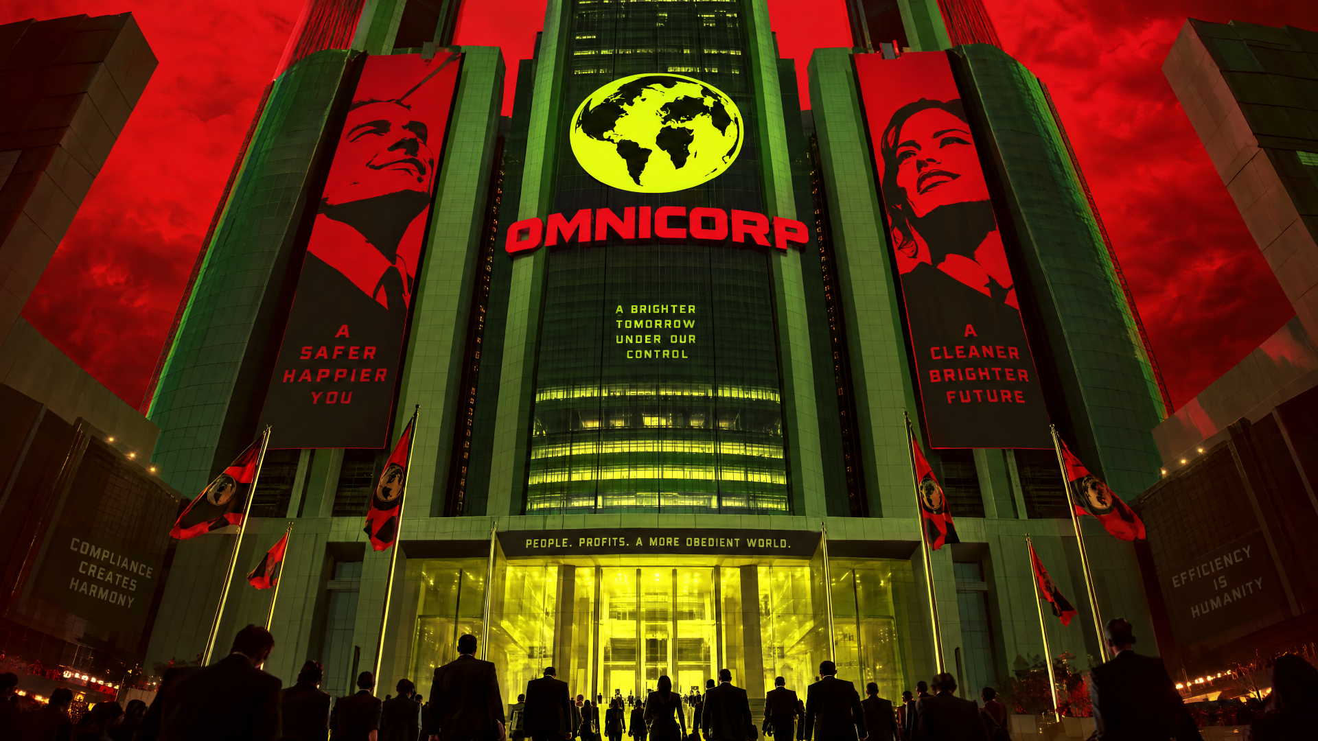 Ominous evil corporation skyscraper building with giant globe logo and propaganda banners beneath a blood-red sky — cinematic 4K Ultra HD PC desktop wallpaper and background.