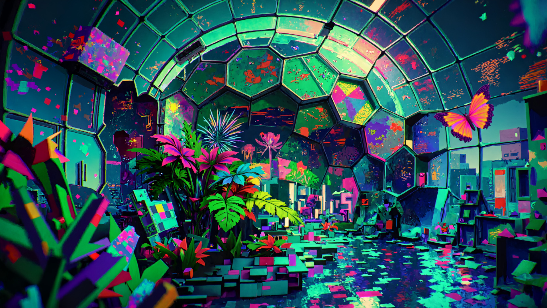 HD PC desktop wallpaper and background: neon biodome greenhouse filled with lush plants, reflective water, faceted glass dome and fluttering colorful butterflies.