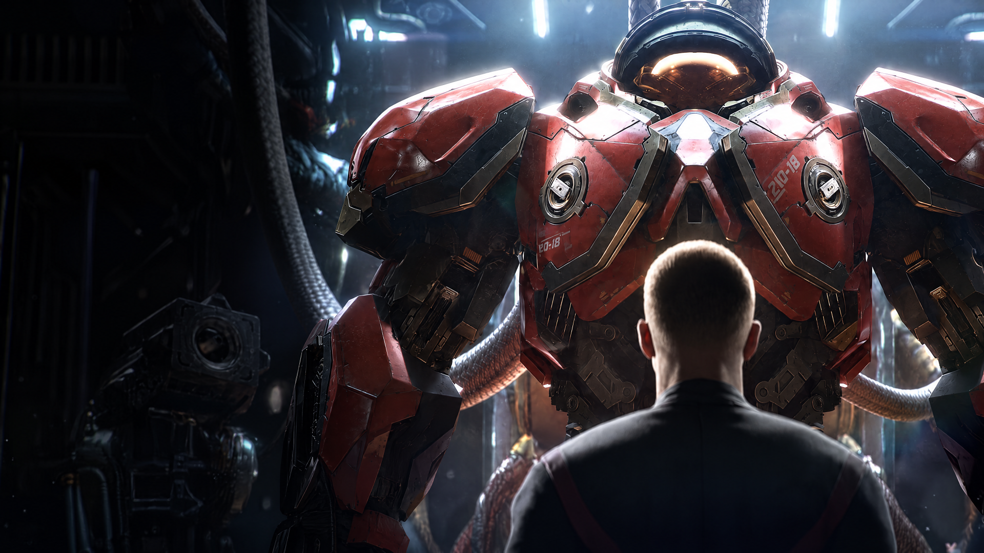 4K Ultra HD PC desktop Starcraft mecha wallpaper: a lone pilot faces a towering red battle mech in a dim, high-tech hangar.