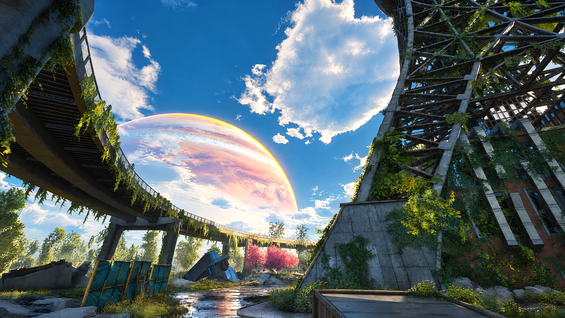 B.L.U.E. NOVA: futuristic architectural landscape with lush overgrowth, curved skybridges and a glowing planet on the horizon — 4K Ultra HD PC desktop wallpaper background.
