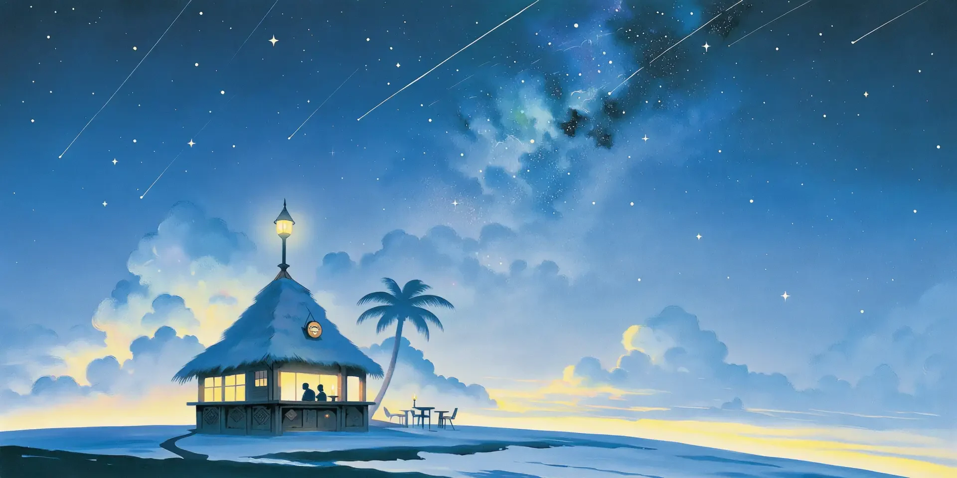 2K Quad HD PC desktop wallpaper: a tiki bar house on a moonlit beach with palm trees and a lone tree beneath a starry, meteor-streaked sky.