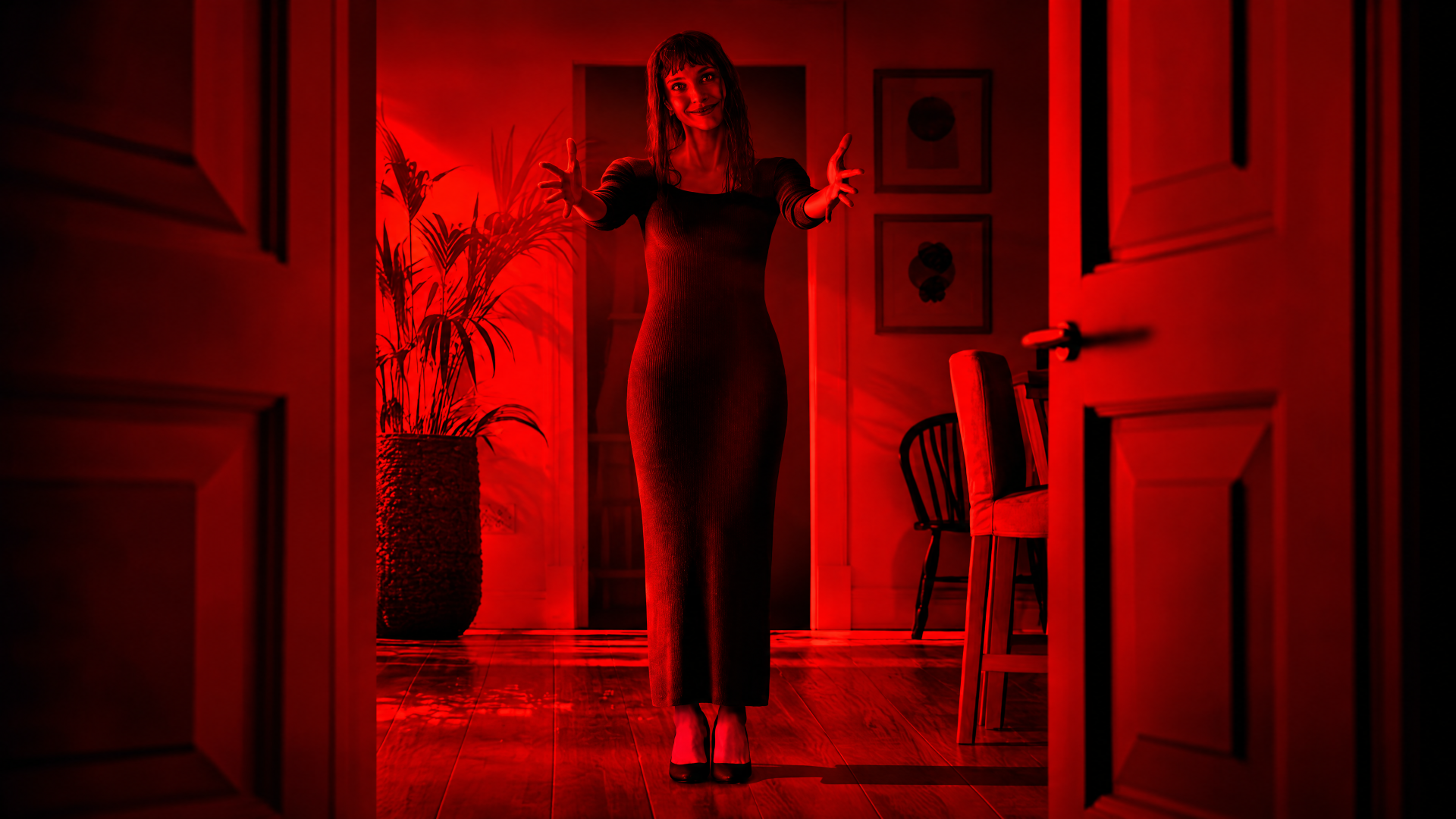4K Ultra HD PC desktop wallpaper for Other Mommy (2026): a woman stands in a blood-red hallway, arms outstretched between open doors, casting deep shadows.