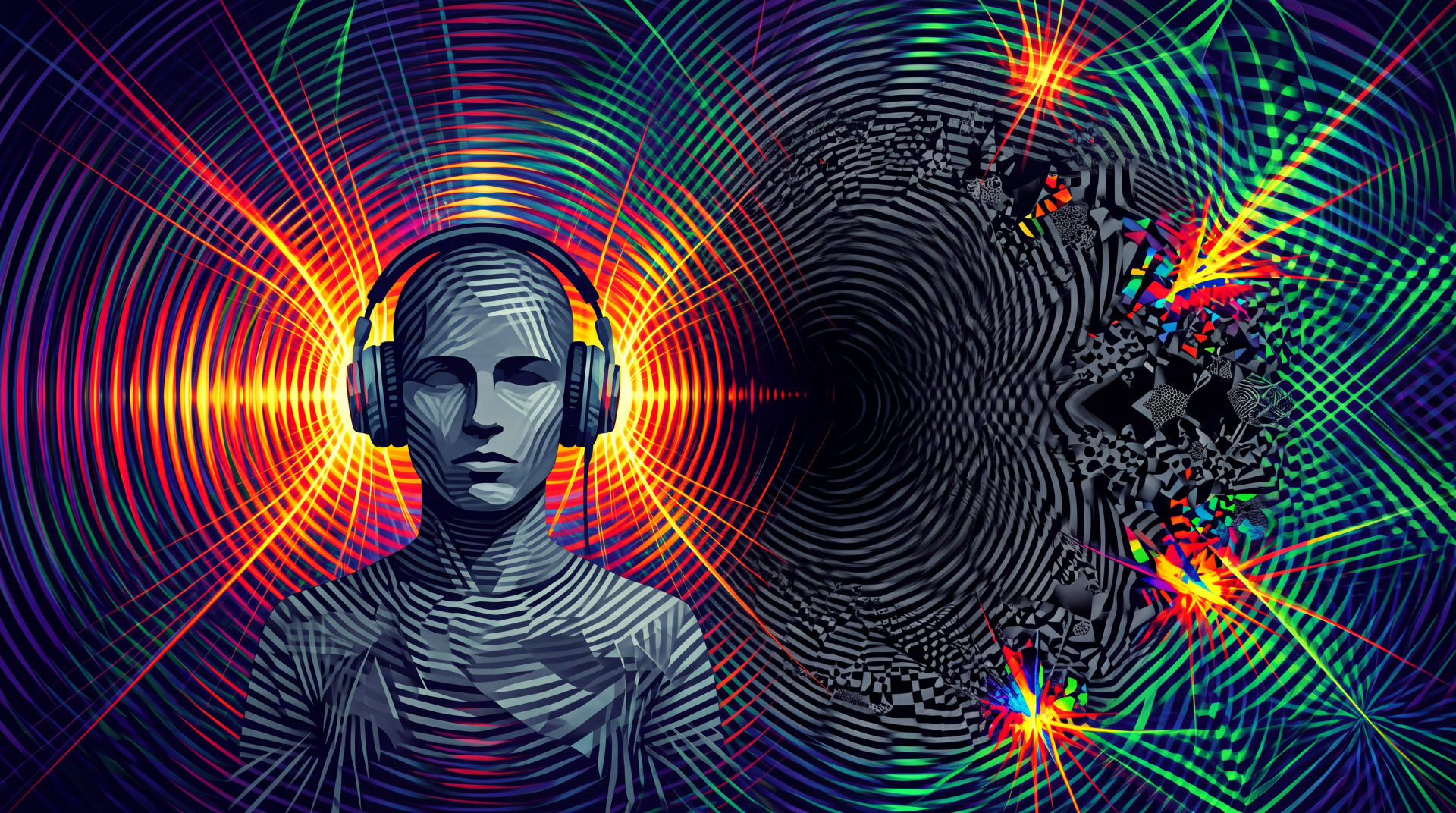 Abstract 5K Ultra HD PC desktop wallpaper showing a stylized mannequin head wearing headphones amid radiant concentric waves and colorful fractal bursts.