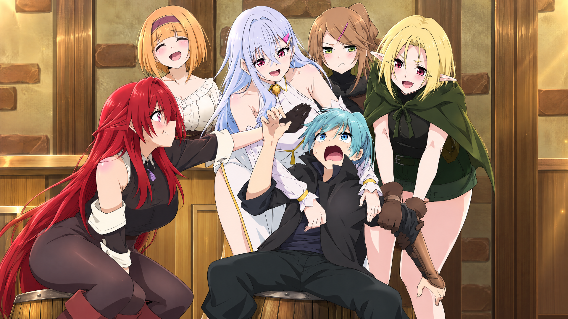 4K Ultra HD PC desktop wallpaper and background from anime My Sword Saint Master Is Too Cute to Live With: a group of girls surround a flustered blue‑haired character in a cozy tavern scene.