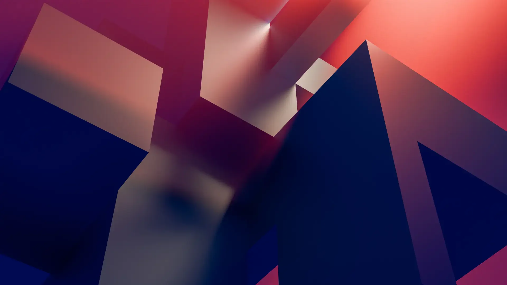 Abstract minimalist flat-design composition of angular geometric forms in deep navy and coral gradients — 8K Ultra HD PC desktop wallpaper and background.
