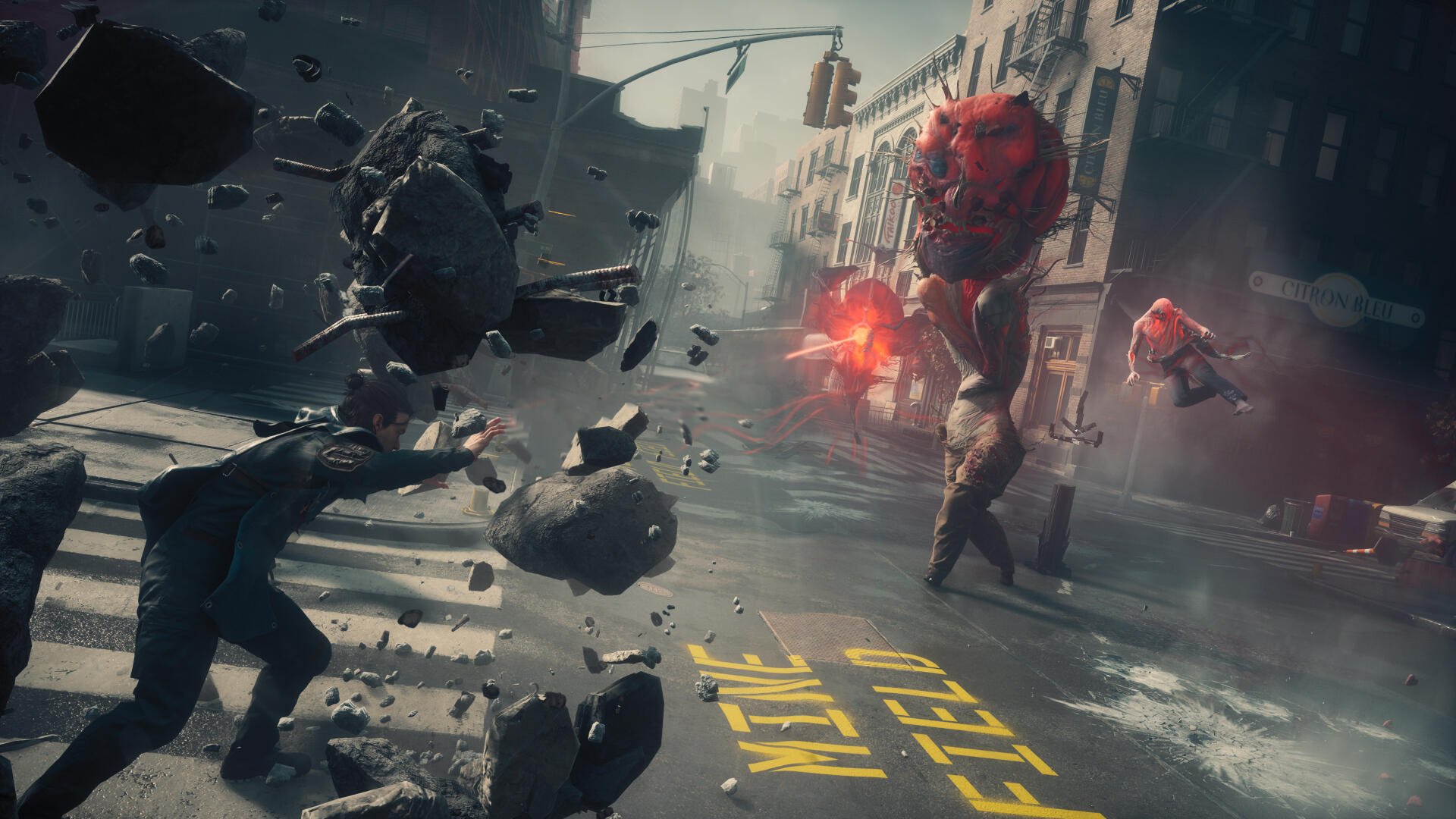 4K Ultra HD PC desktop wallpaper Control Resonant by Dylan Faden — a telekinetic hero hurls rubble down a city street as glowing red monsters advance in a chaotic battle.