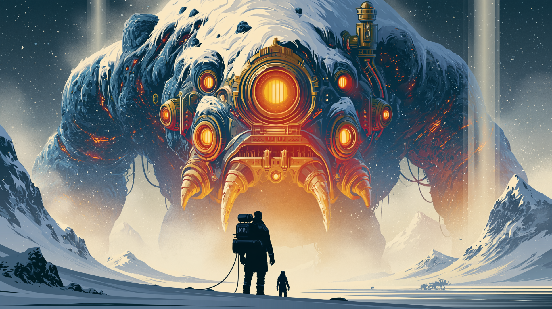 Sci Fi alien mecha monster 2K Quad HD PC desktop wallpaper and background: a glowing-eyed mechanical behemoth towers over a snowy plain as an astronaut and small companion stand below.