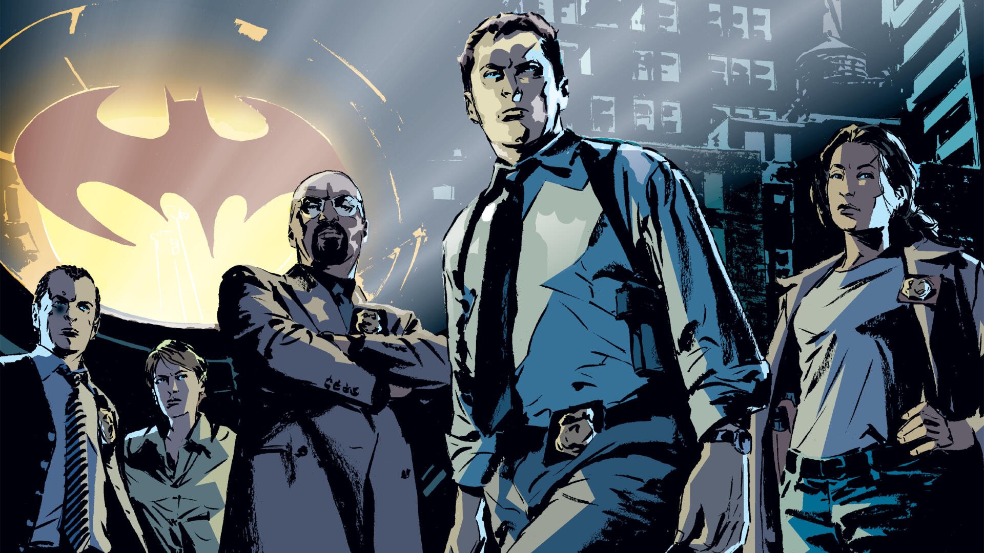 Gotham Central detectives stand beneath the Bat‑signal over Gotham City in comic-style DC Comics art — 2K Quad HD PC desktop wallpaper/background.