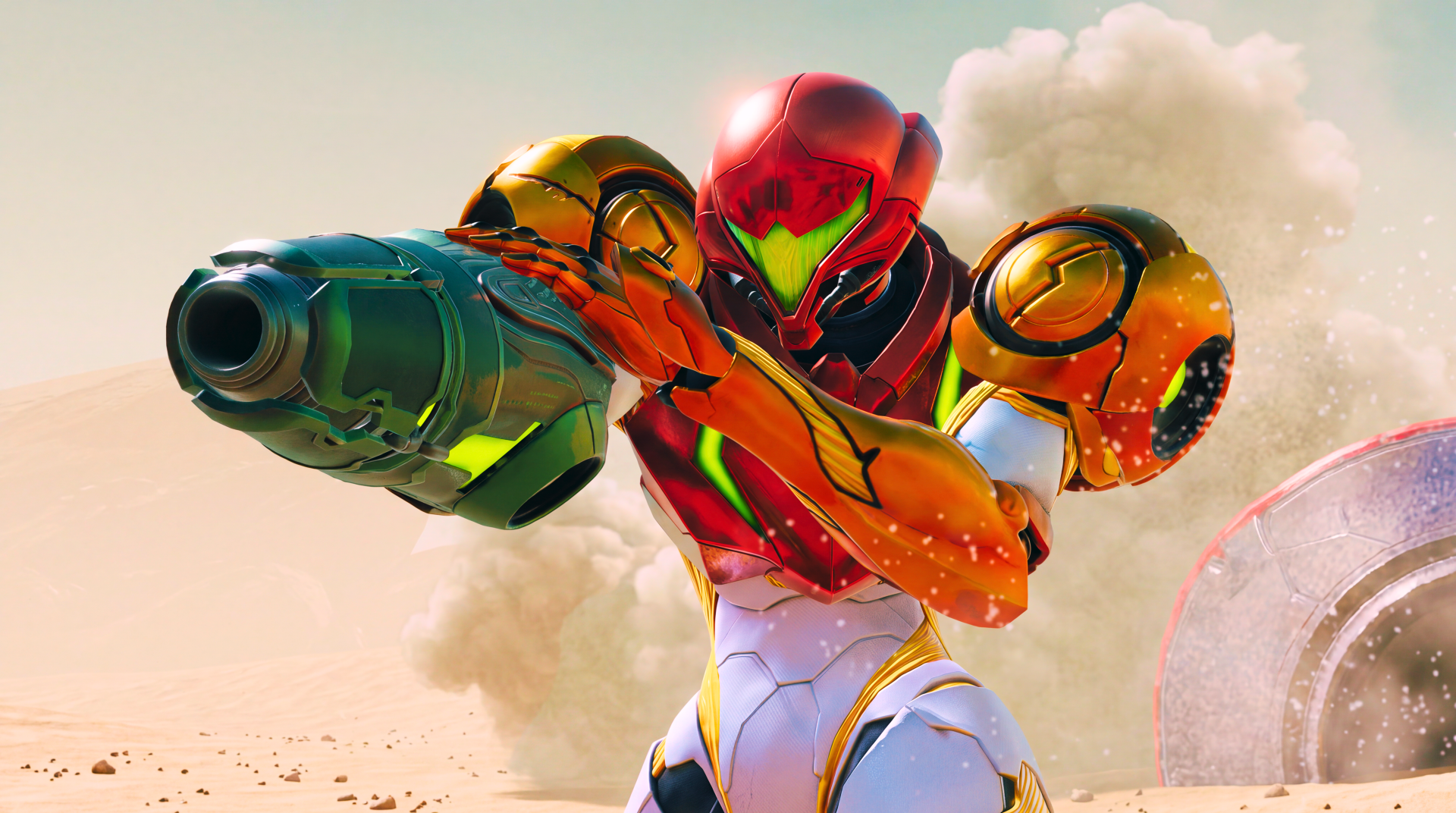 5K Ultra HD PC wallpaper: Samus Aran from Metroid Ravenous in her Power Suit, aiming her arm cannon amid a dusty alien sky — video game artwork by Nintendo.