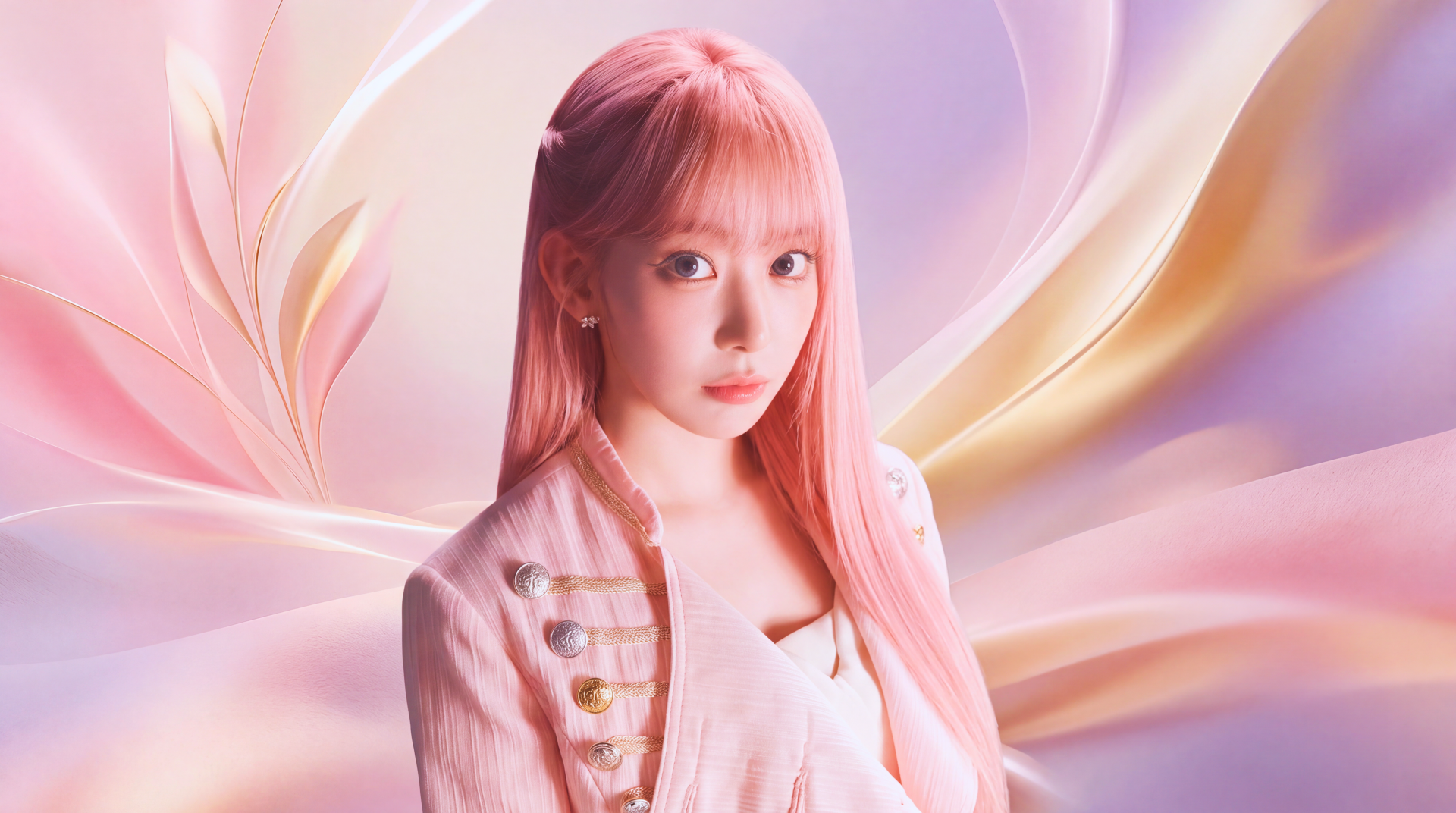 Portrait of a young woman with long pink hair and soft makeup wearing a pale pink jacket against swirling pastel hues — 5K Ultra HD desktop wallpaper.