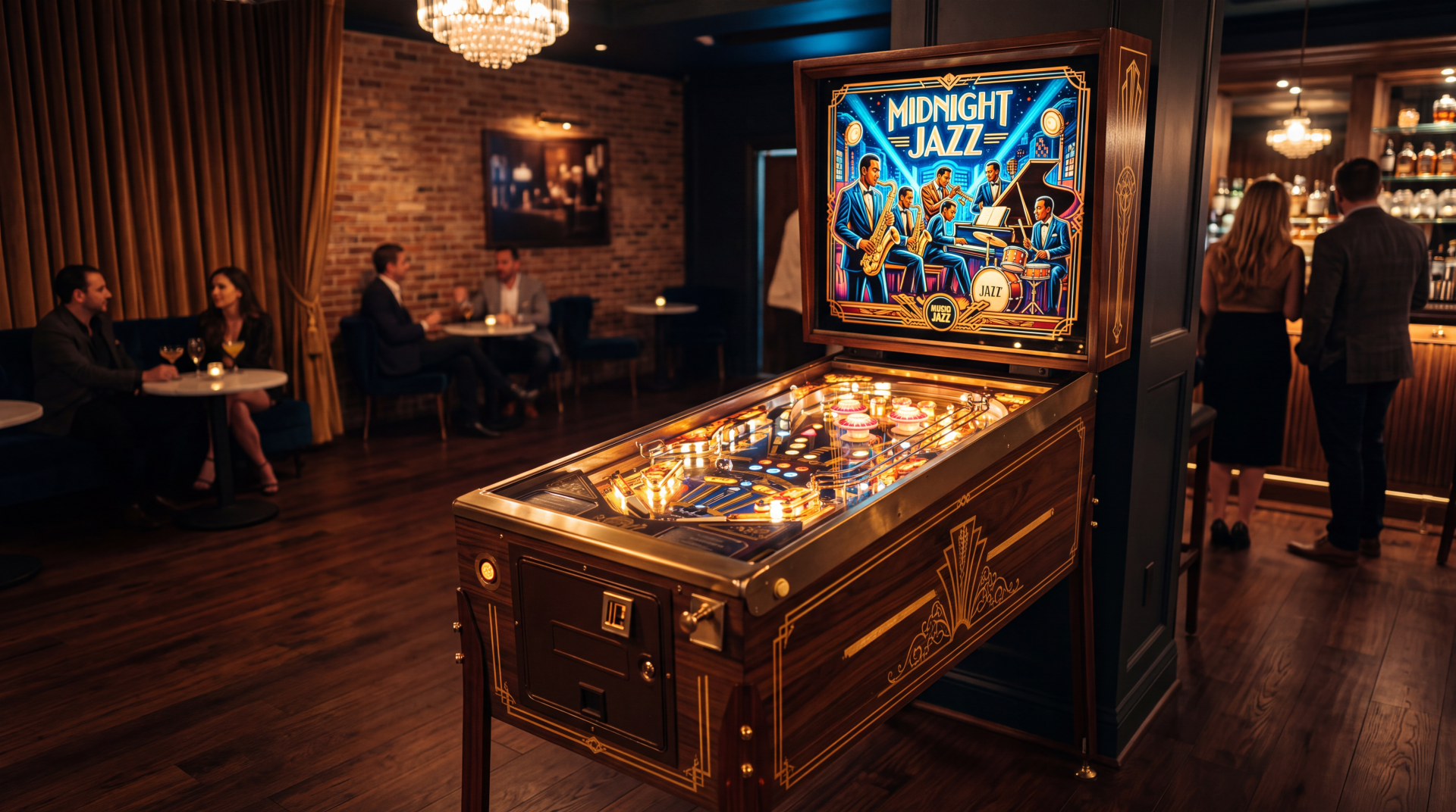 5K Ultra HD PC desktop wallpaper of a vintage Midnight Jazz pinball machine in a dim arcade-bar lounge, warm lighting and patrons seated at tables in the background.