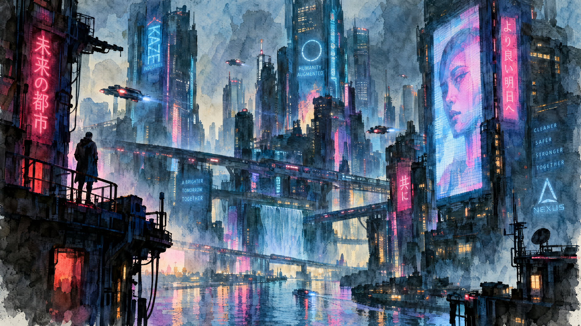 Cyberpunk 4K Ultra HD PC desktop wallpaper: neon-lit futuristic skyline with towering holographic billboards, rain-slick canals, bridges and silhouetted figures amid a glowing metropolis.