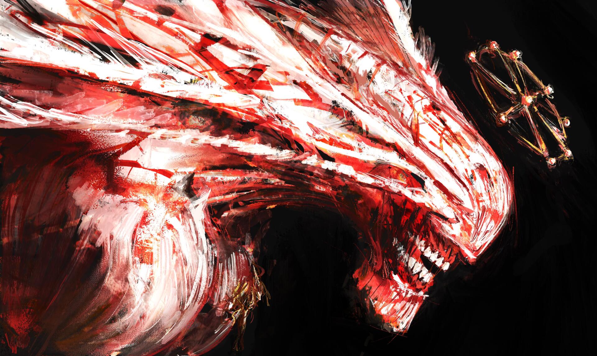 Mahoraga from Jujutsu Kaisen — a blood-red dragonlike monster head with jagged teeth and ritual ornaments; dramatic 4K Ultra HD PC desktop wallpaper.