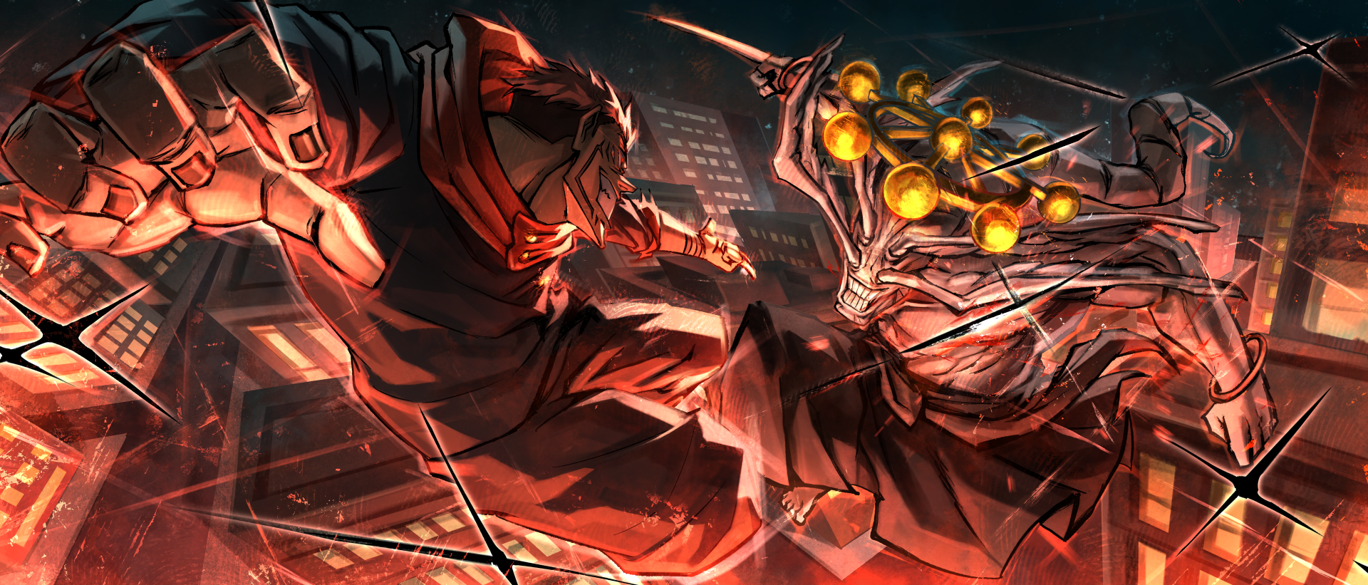 4K Ultra HD anime wallpaper: Mahoraga and Sukuna from Jujutsu Kaisen clash in a fiery rooftop battle, glowing cursed energy and shattered tiles under a night city skyline.
